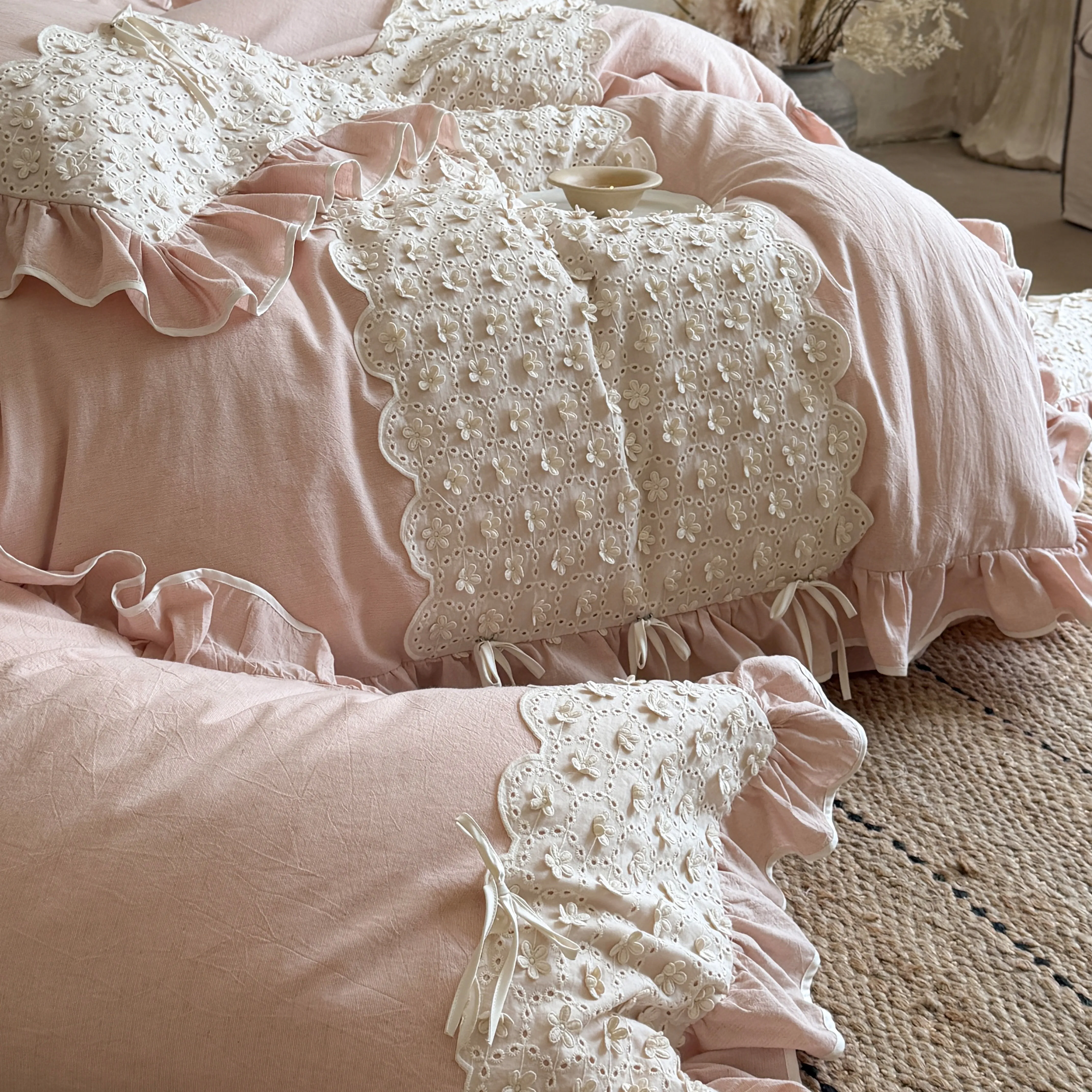 French Country Style Ruffle Trim Eyelet Lace Cotton Linen Duvet Cover Set06 French Country Style Ruffle Trim Eyelet Lace Cotton Linen Duvet Cover Set06