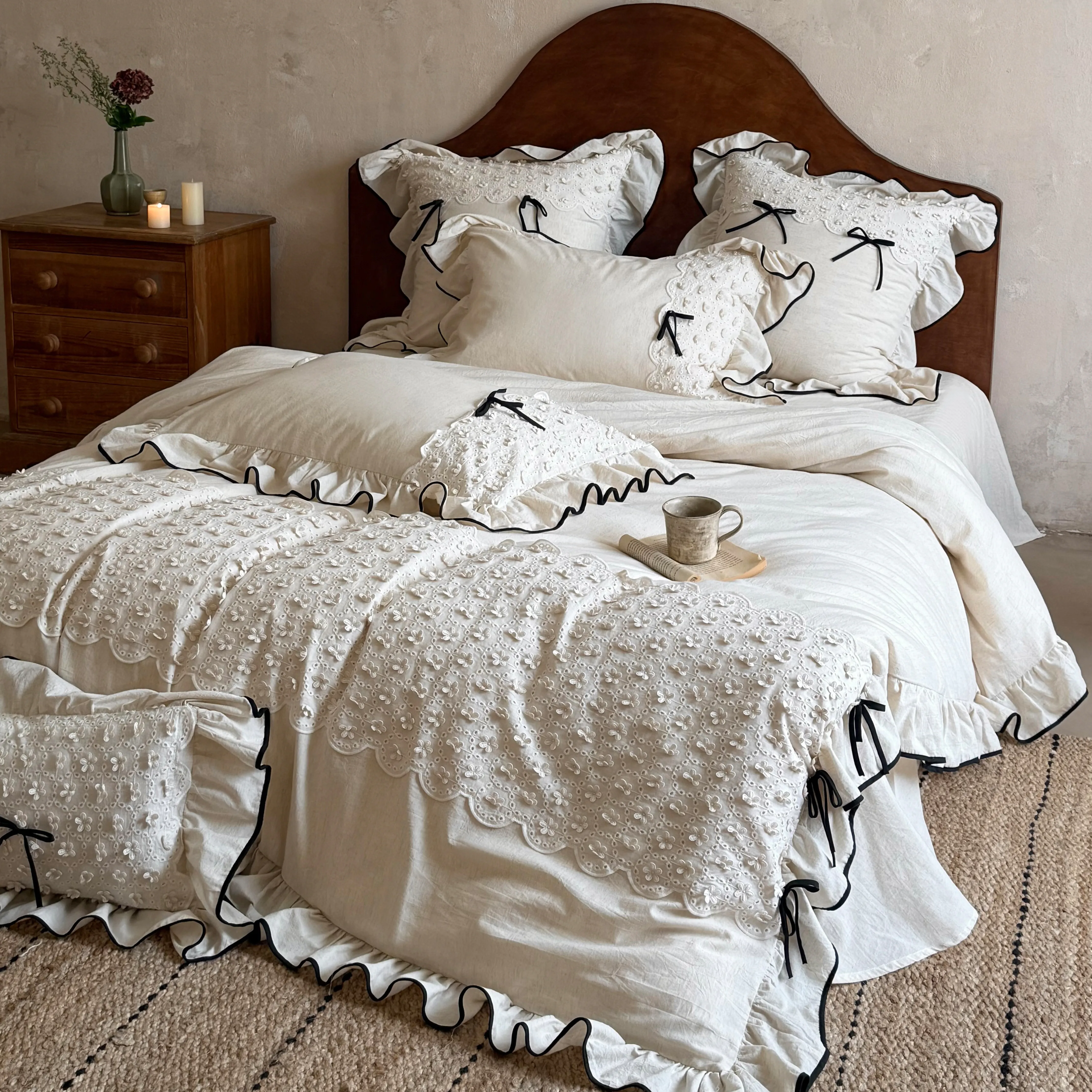 French Country Style Ruffle Trim Eyelet Lace Cotton Linen Duvet Cover Set08 French Country Style Ruffle Trim Eyelet Lace Cotton Linen Duvet Cover Set08