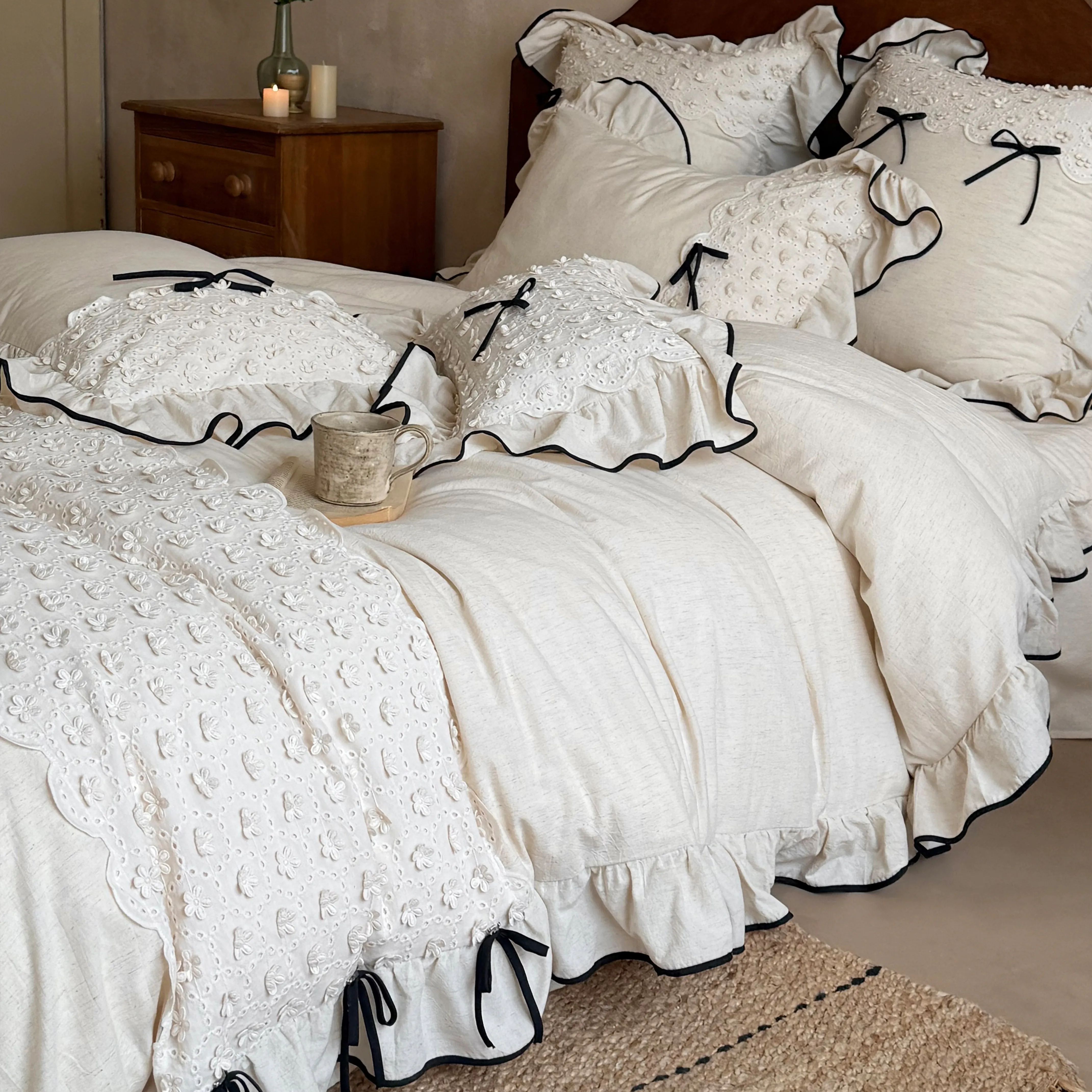 French Country Style Ruffle Trim Eyelet Lace Cotton Linen Duvet Cover Set09 French Country Style Ruffle Trim Eyelet Lace Cotton Linen Duvet Cover Set09