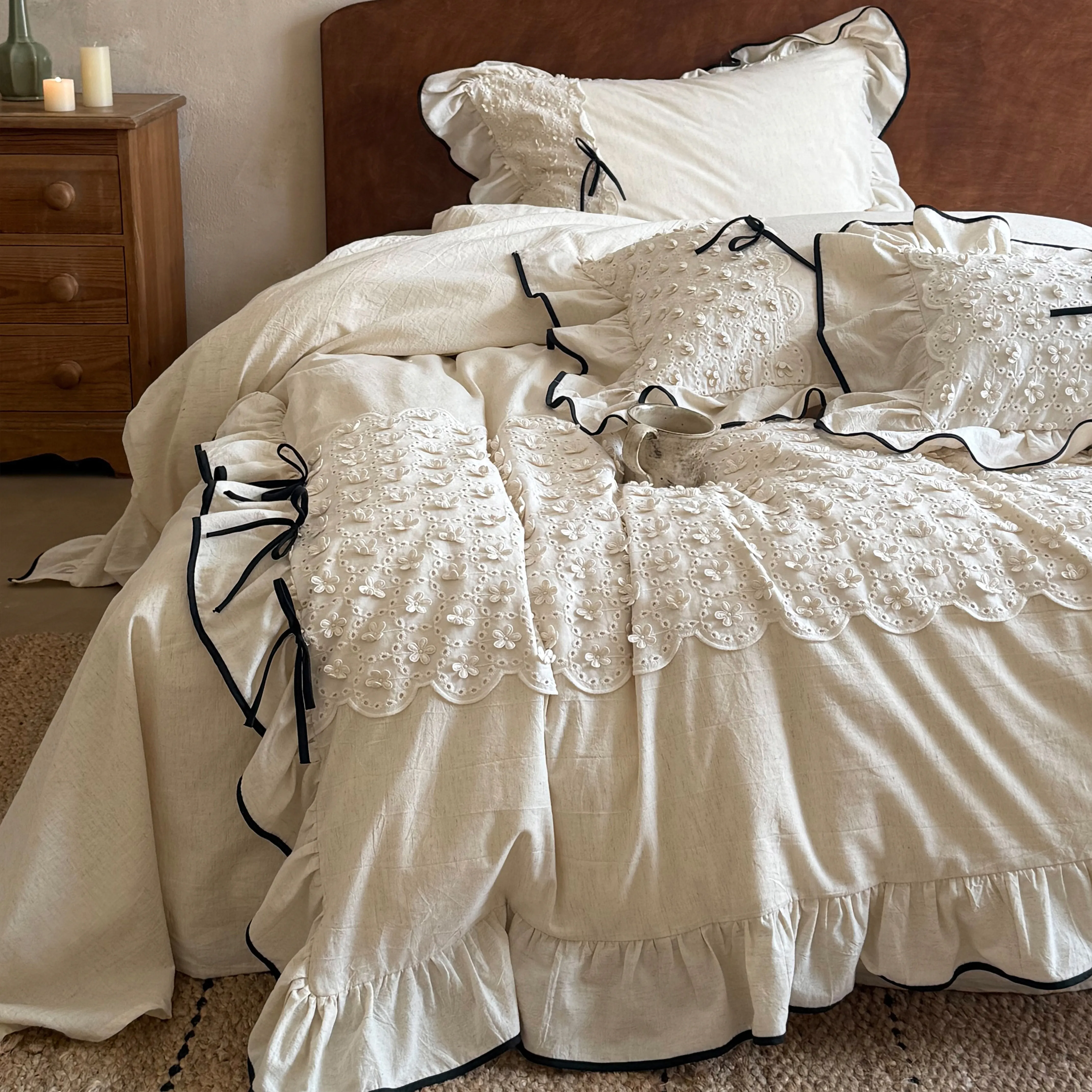 French Country Style Ruffle Trim Eyelet Lace Cotton Linen Duvet Cover Set10 French Country Style Ruffle Trim Eyelet Lace Cotton Linen Duvet Cover Set10