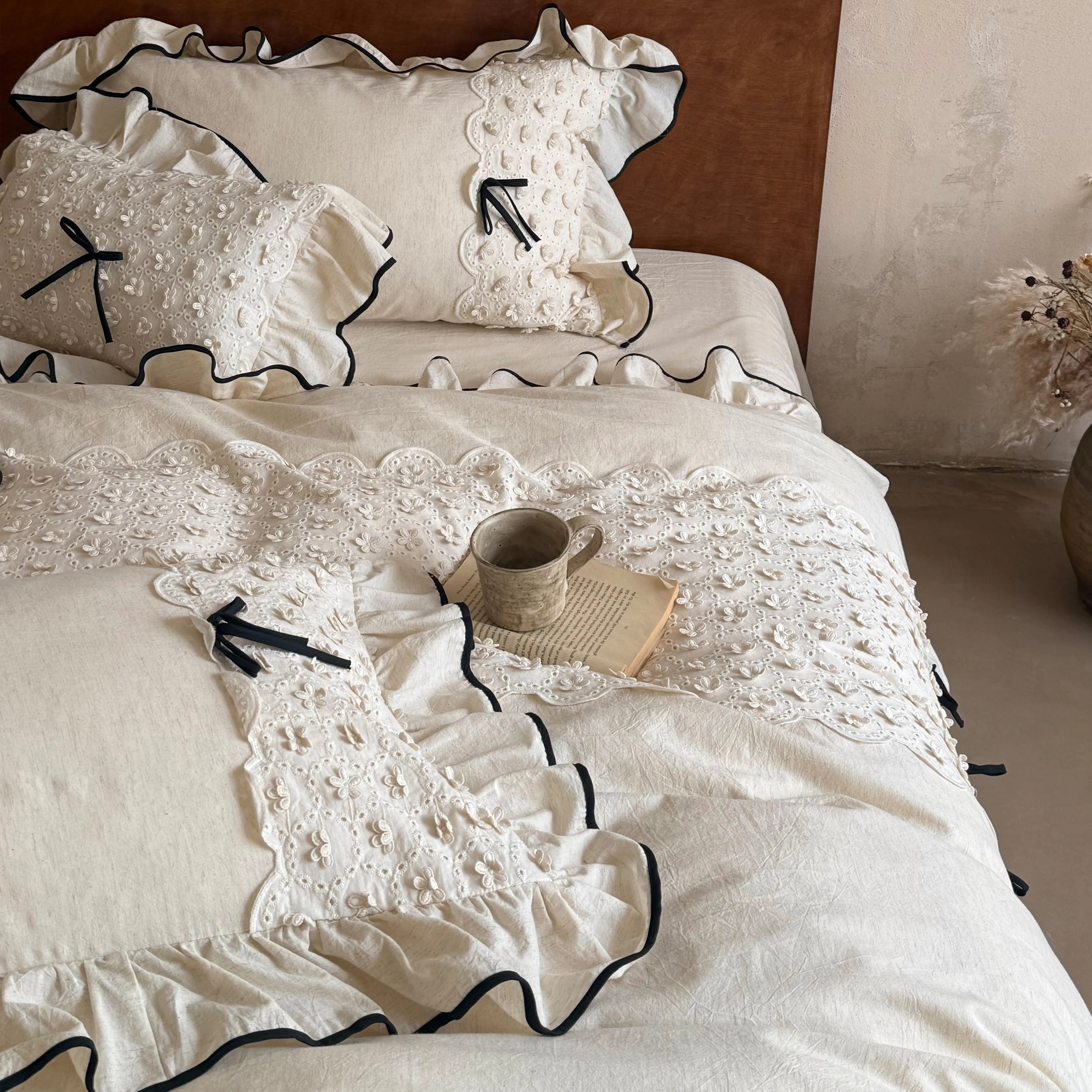 French Country Style Ruffle Trim Eyelet Lace Cotton Linen Duvet Cover Set11 French Country Style Ruffle Trim Eyelet Lace Cotton Linen Duvet Cover Set11
