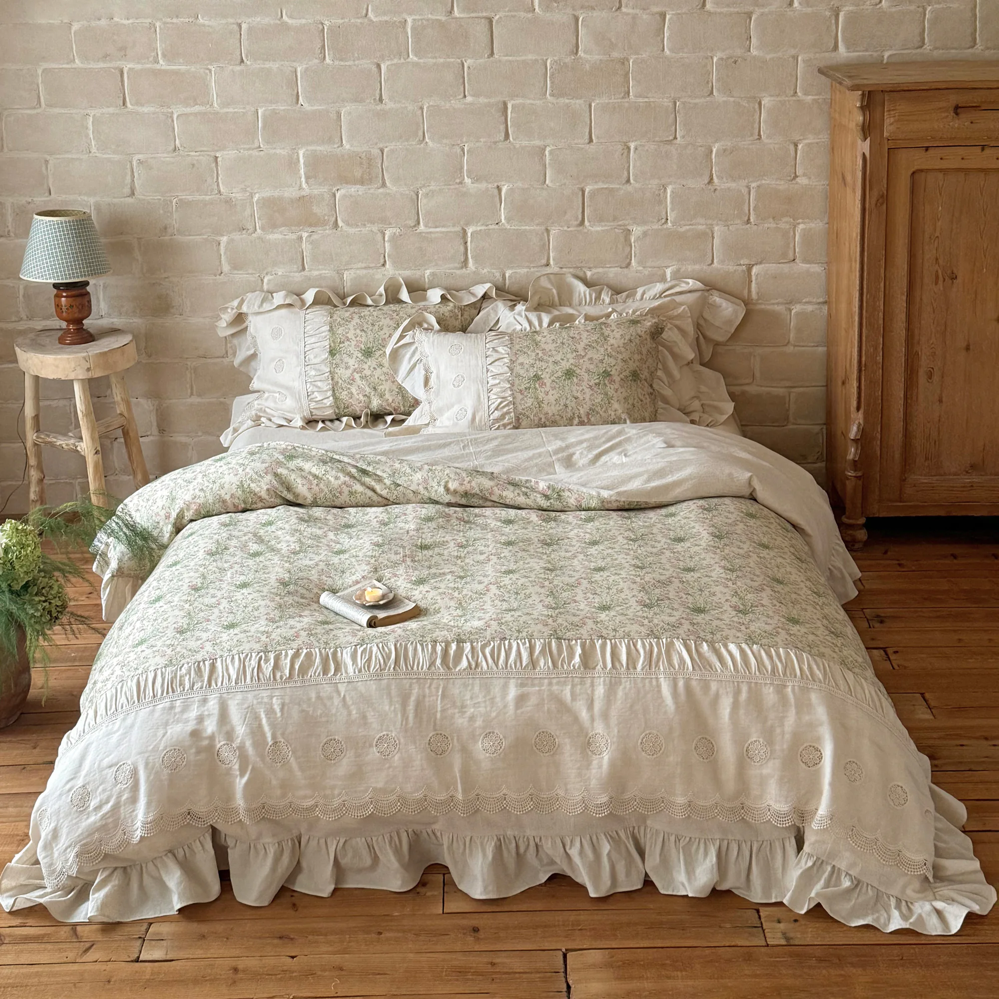 French Country Vintage Botanical Floral Print Soft Linen Cotton Bedding Set