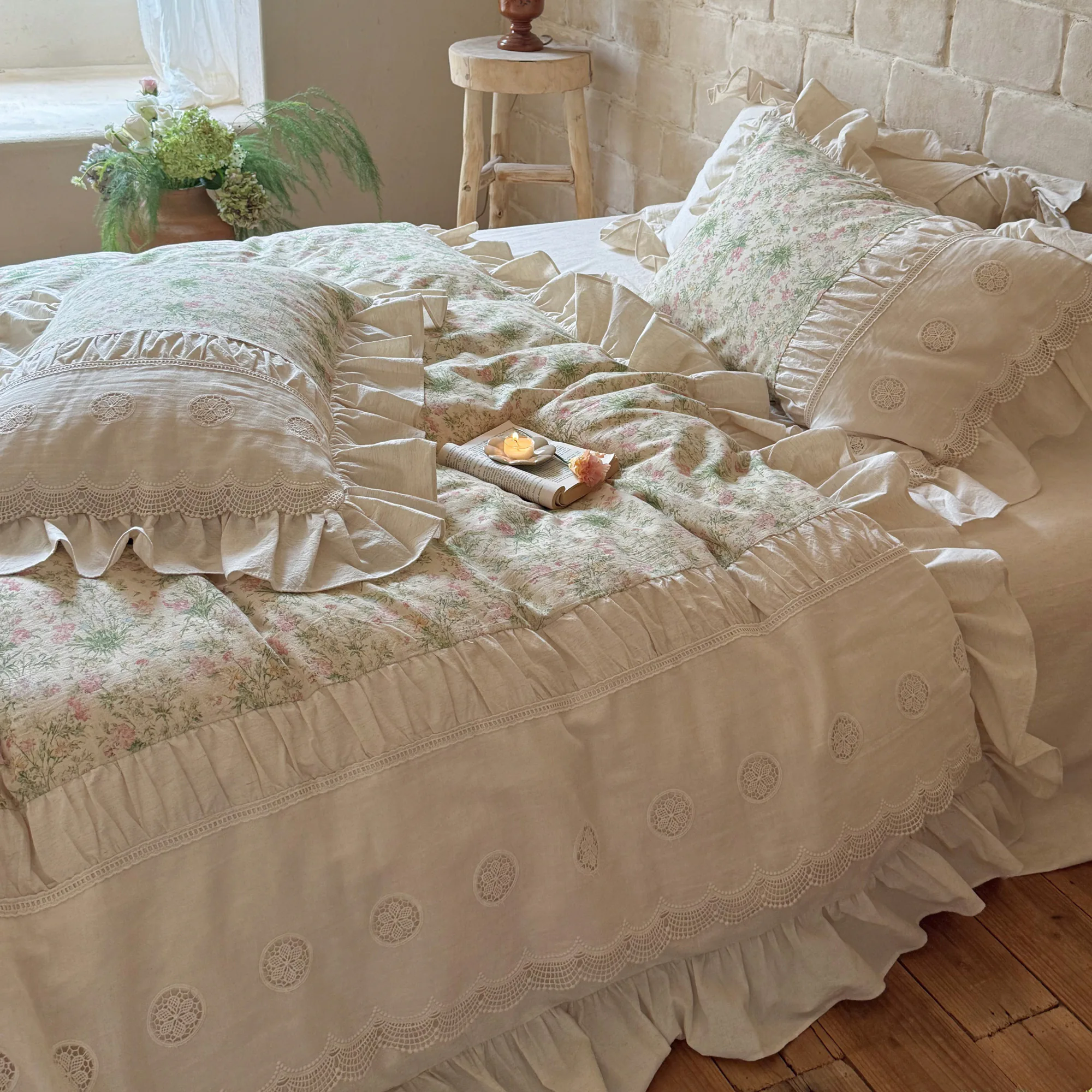French Country Vintage Botanical Floral Print Soft Linen Cotton Bedding Set03