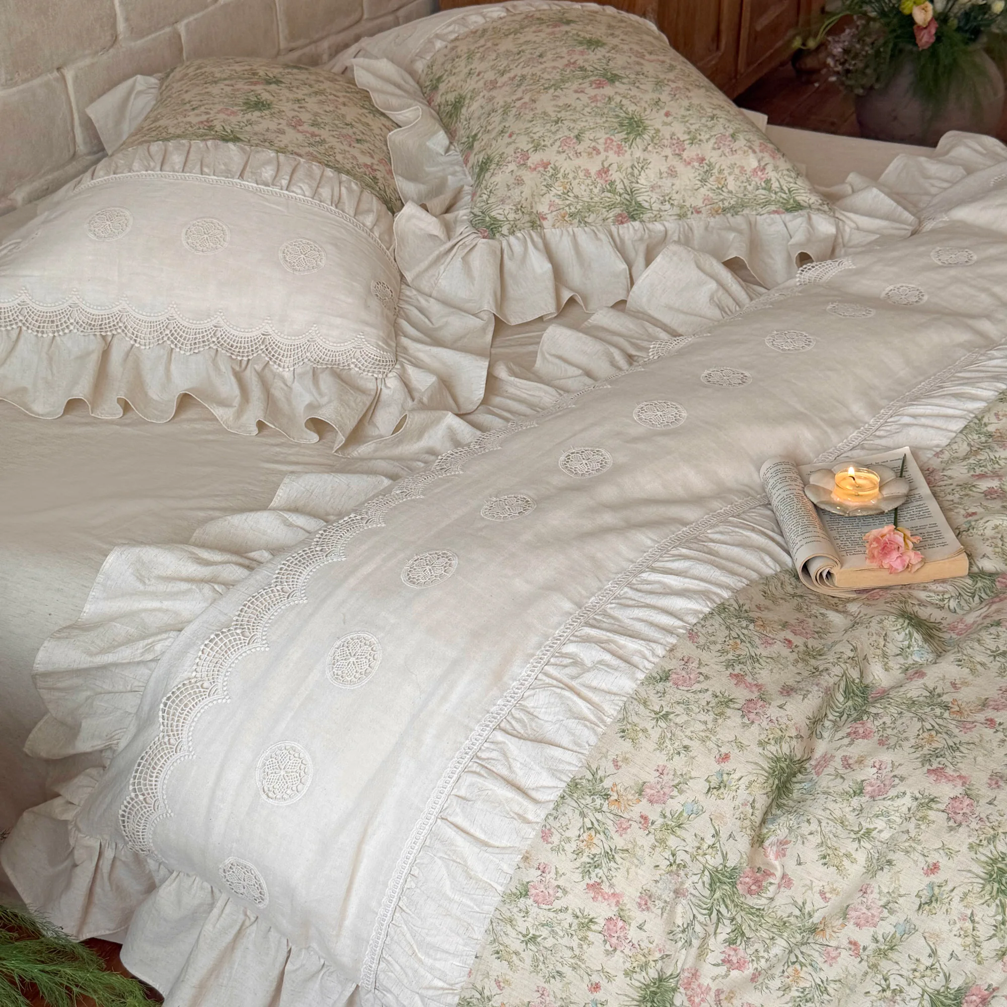 French Country Vintage Botanical Floral Print Soft Linen Cotton Bedding Set05