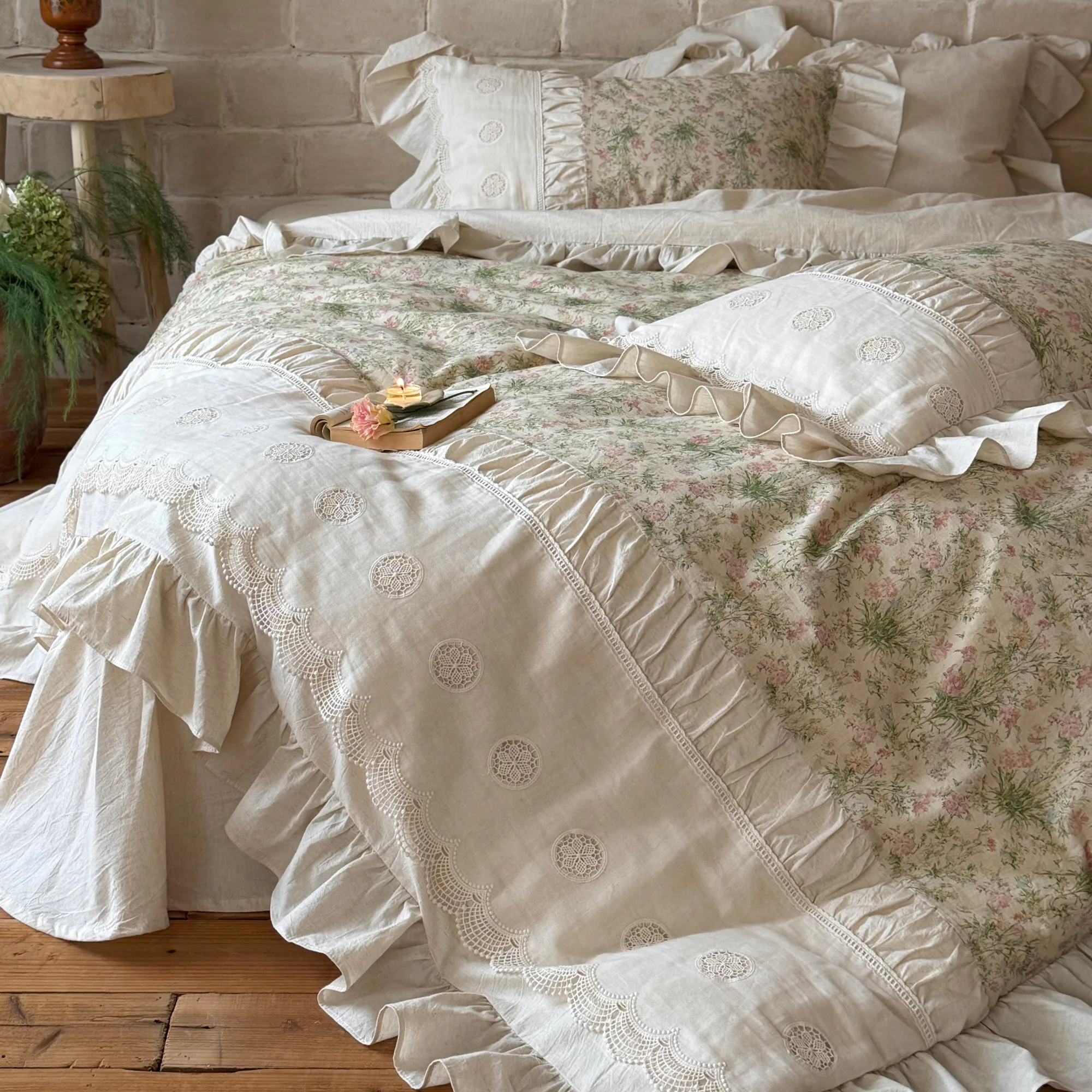 French Country Vintage Botanical Floral Print Soft Linen Cotton Bedding Set07