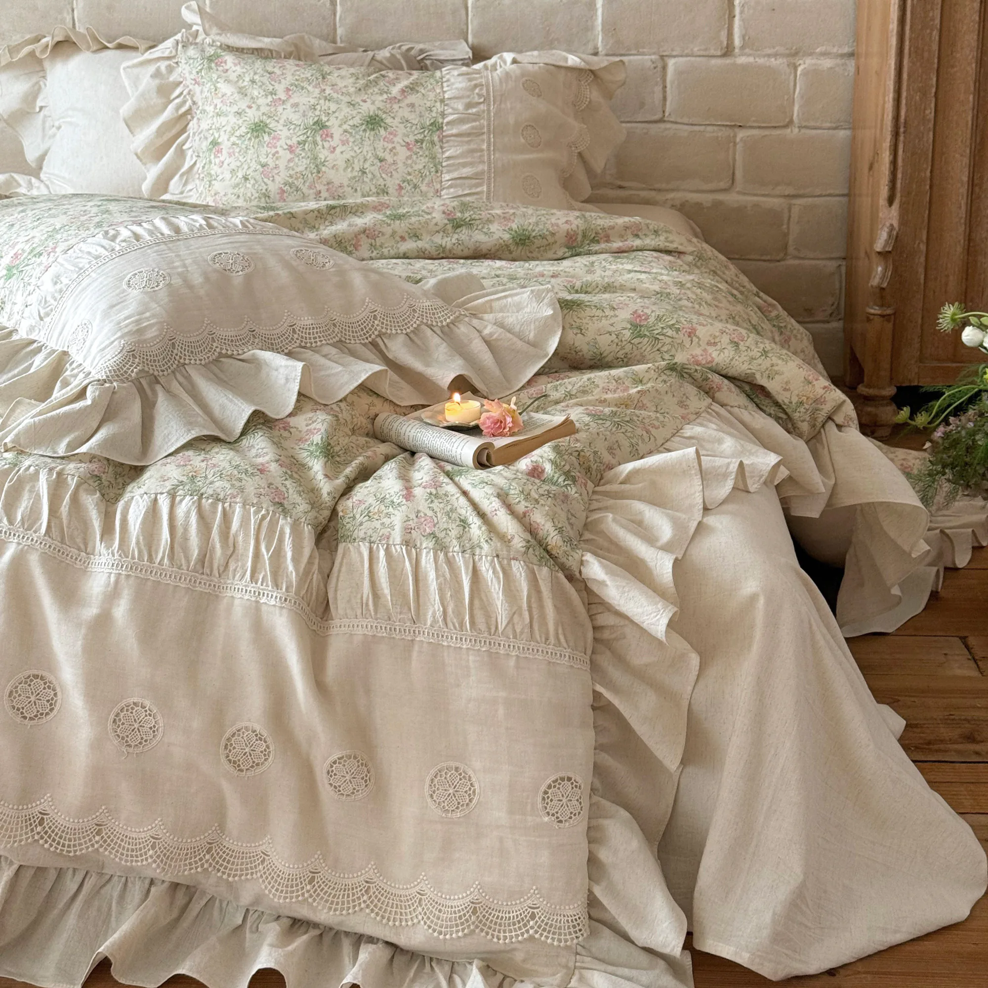 French Country Vintage Botanical Floral Print Soft Linen Cotton Bedding Set08