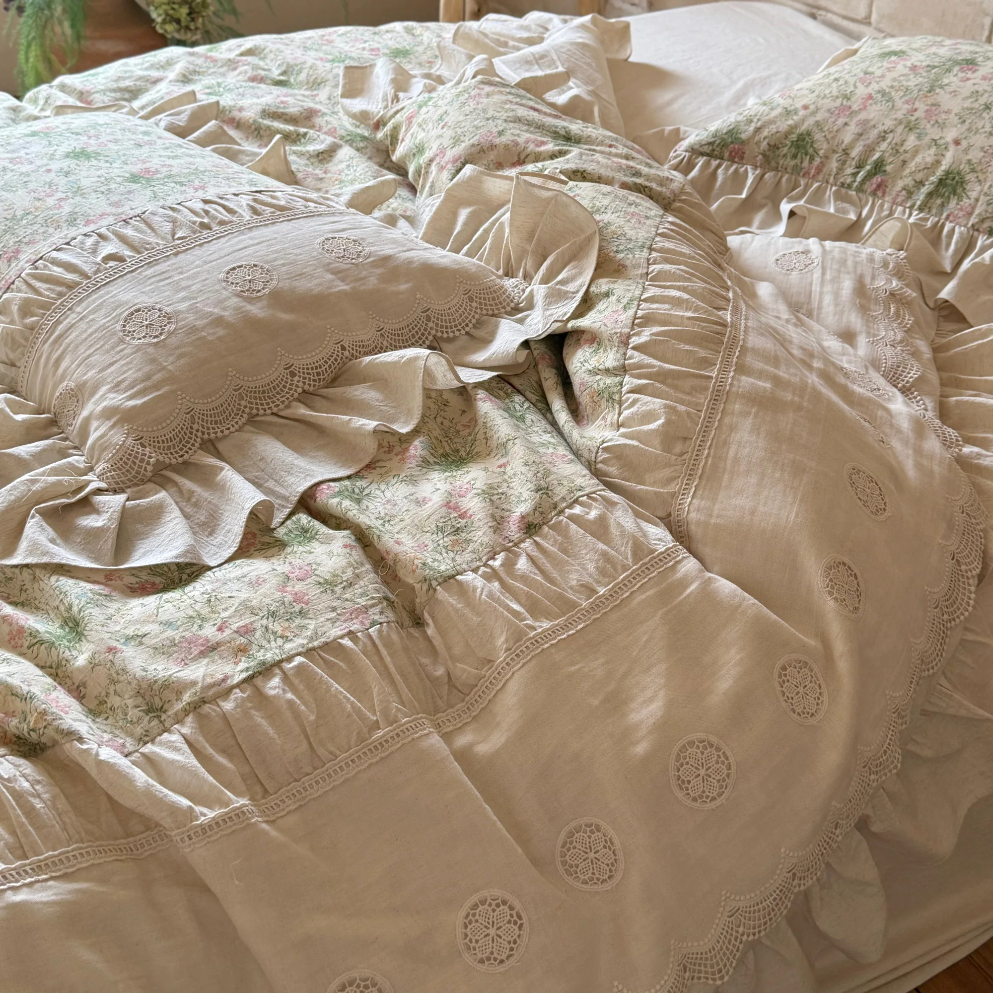 French Country Vintage Botanical Floral Print Soft Linen Cotton Bedding Set09