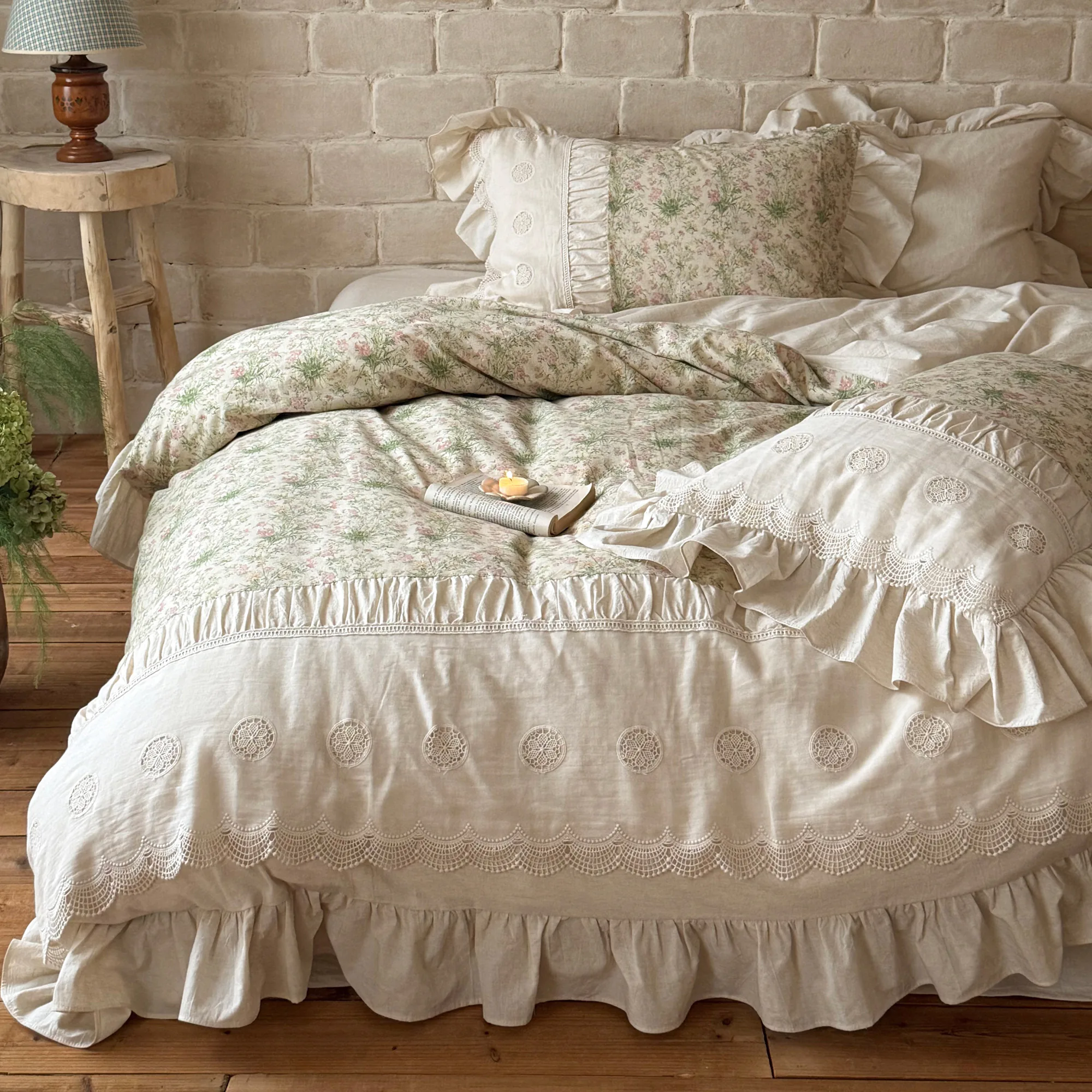 French Country Vintage Botanical Floral Print Soft Linen Cotton Bedding Set10
