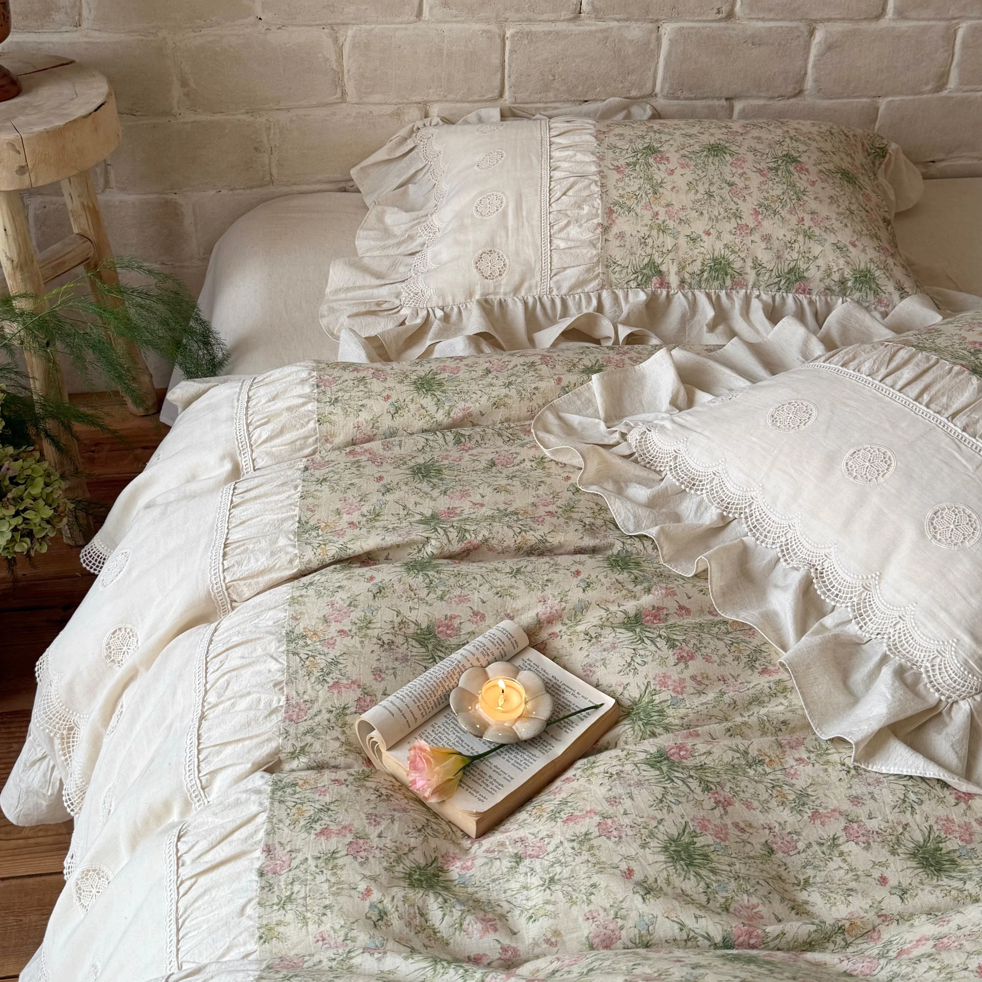 French Country Vintage Botanical Floral Print Soft Linen Cotton Bedding Set12