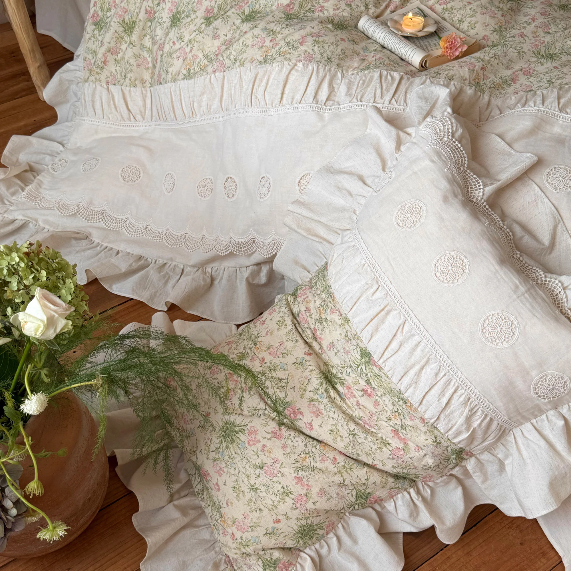 French Country Vintage Botanical Floral Print Soft Linen Cotton Bedding Set13