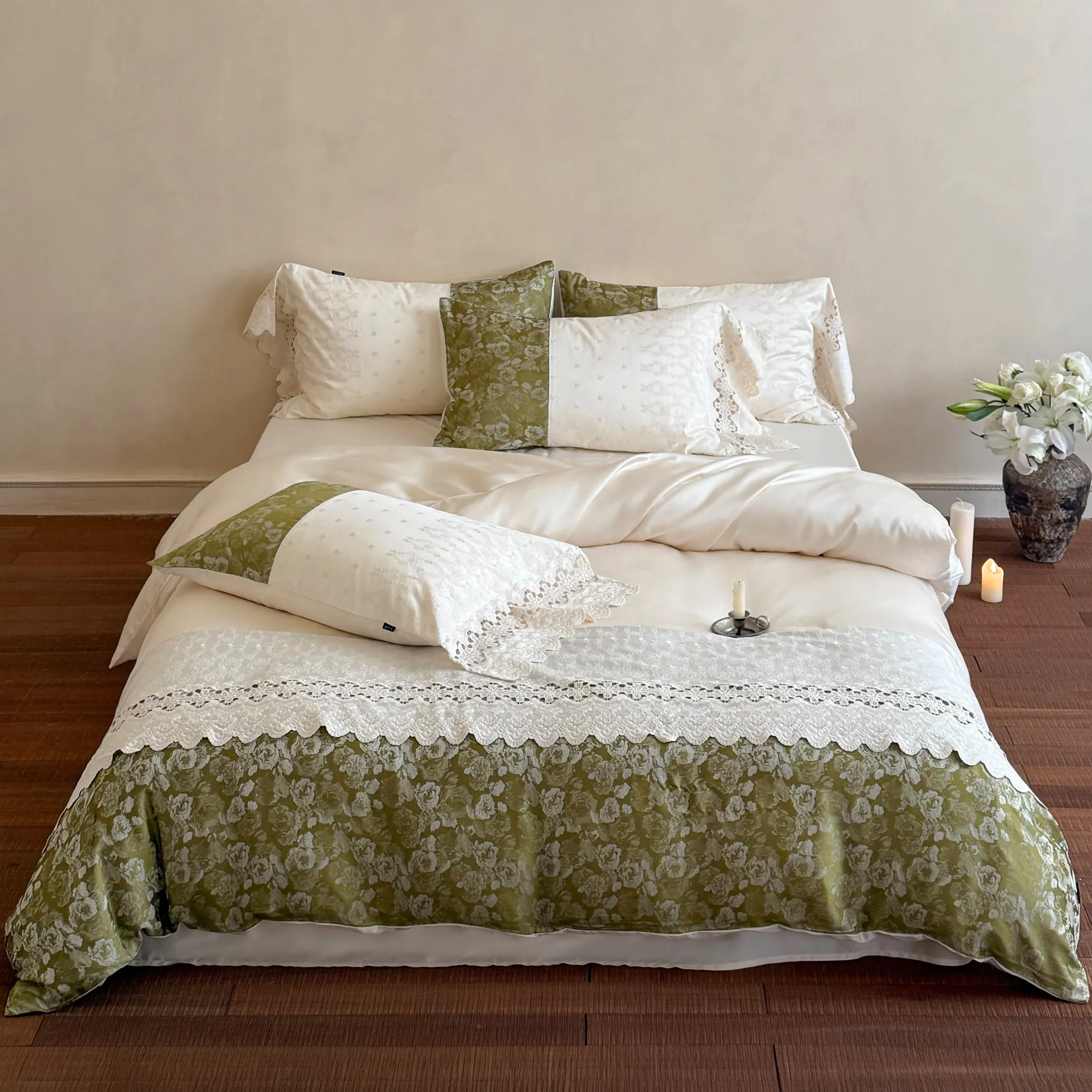 French Style Green Floral Jacquard Lace Embroidered 60s Tencel Duvet Cover Set