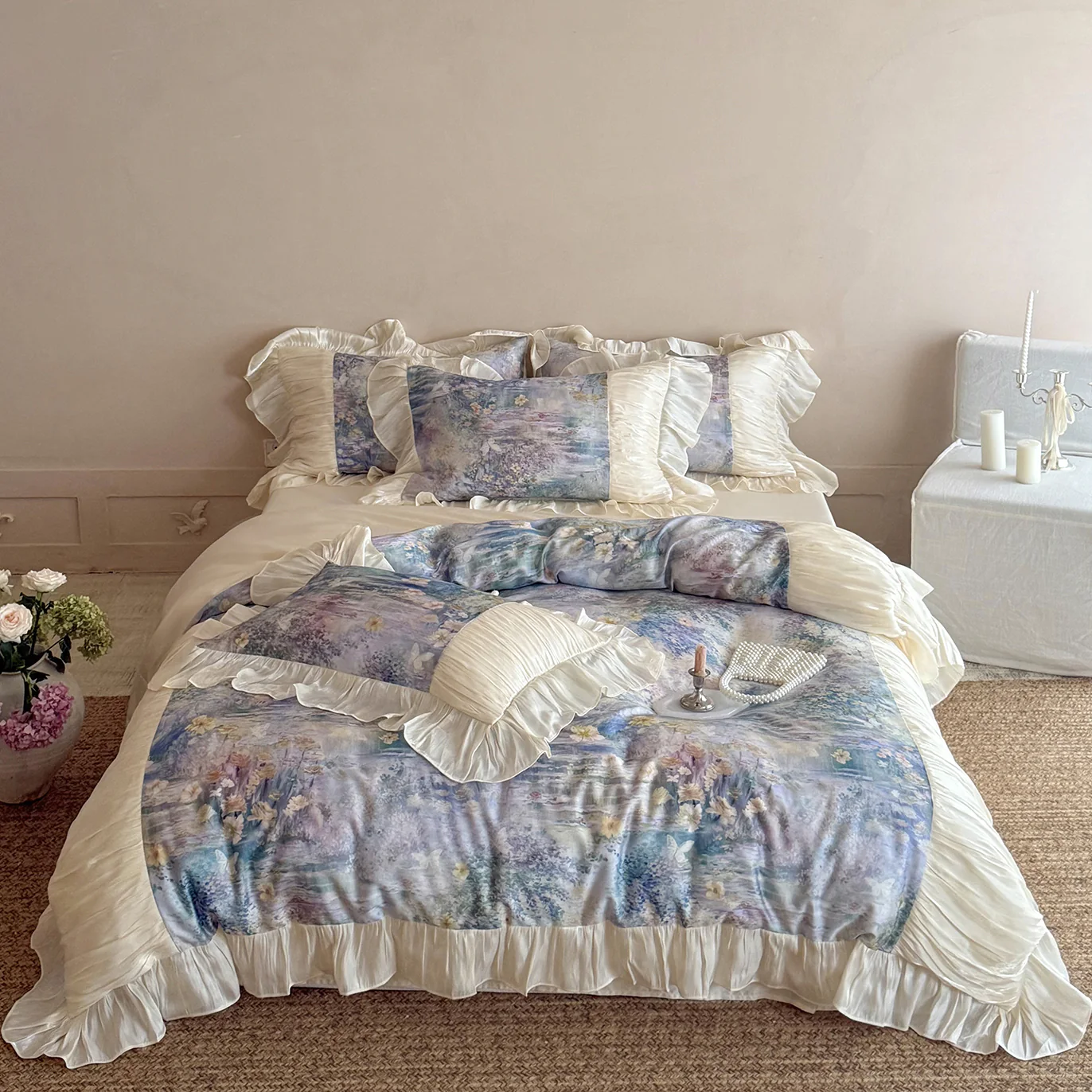 Impressionist Watercolor Garden Floral Tencel Cotton Ruffle Bedding Set