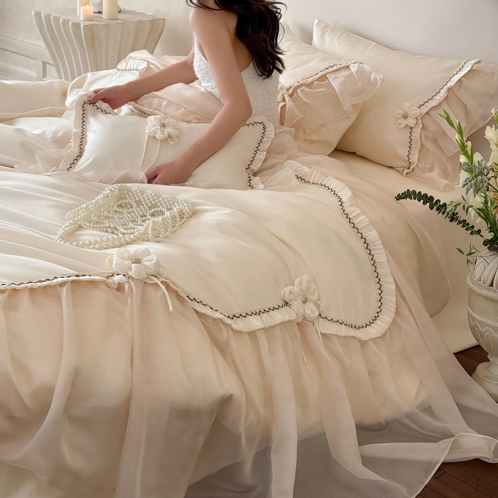 Ivory 3D Flower Appliques Sheer Ruffle 100s Long Staple Cotton Bedding Set03