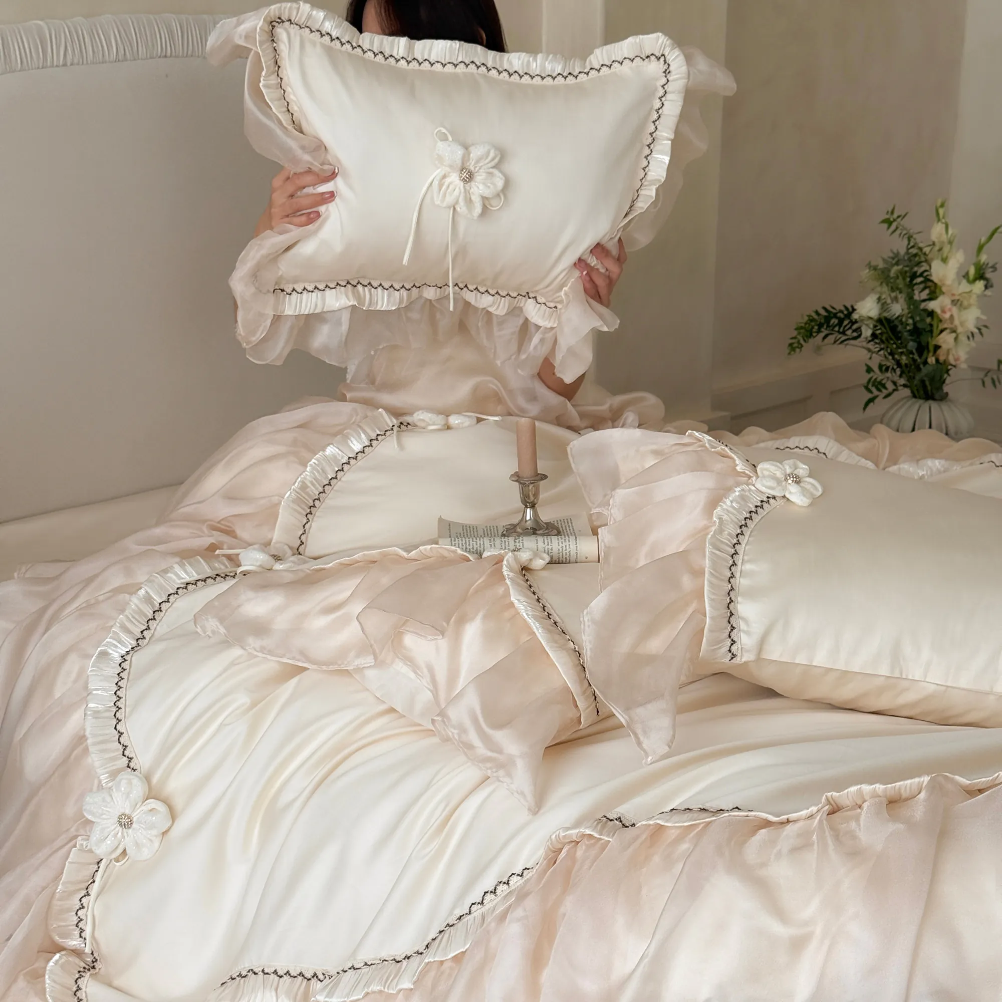 Ivory 3D Flower Appliques Sheer Ruffle 100s Long Staple Cotton Bedding Set04