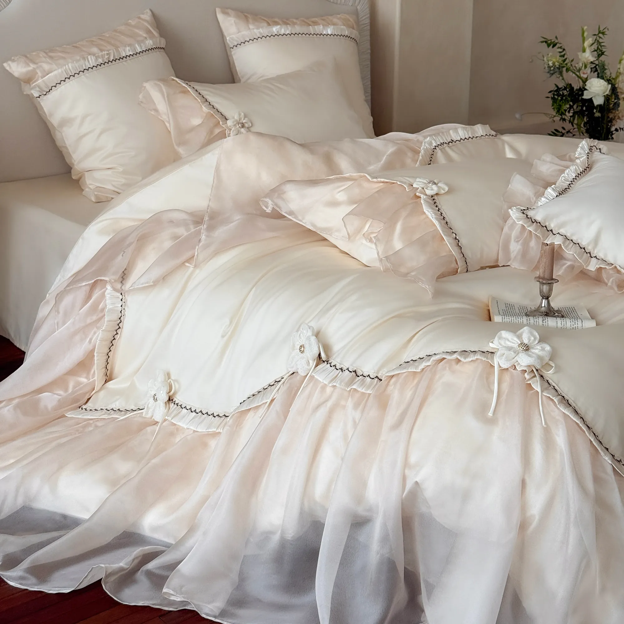 Ivory 3D Flower Appliques Sheer Ruffle 100s Long Staple Cotton Bedding Set13