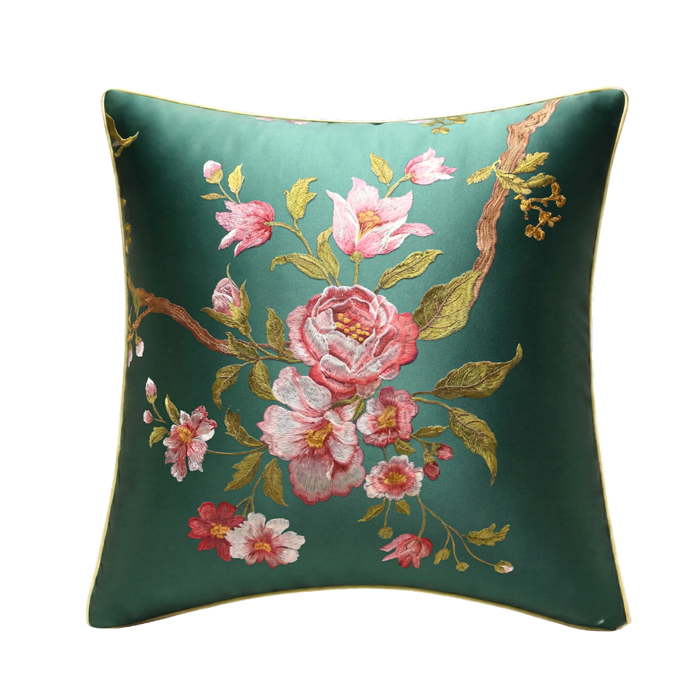 Lustrous Floral Blossom Embroidery Satin Cushion Throw Pillow Cover
