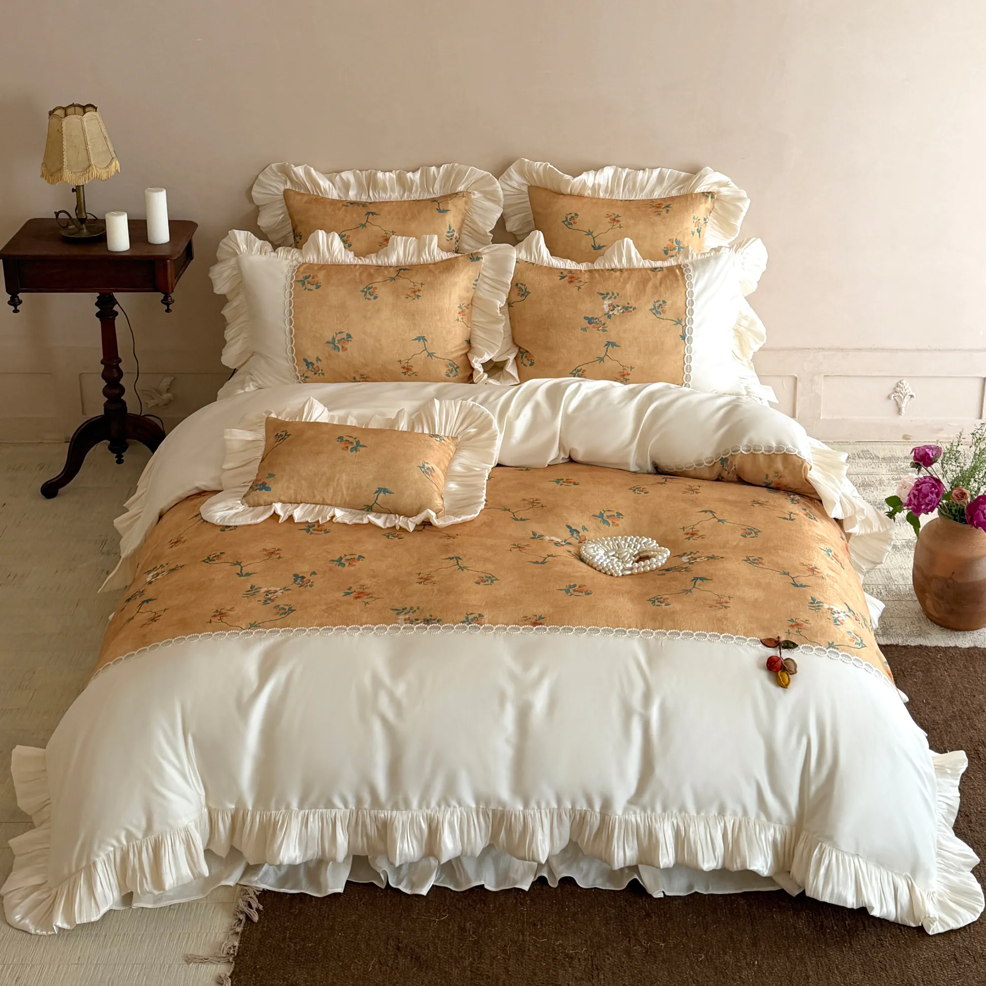 Luxurious Beige Botanical Floral Print 100-Count Pure Cotton Ruffle Bedding Set