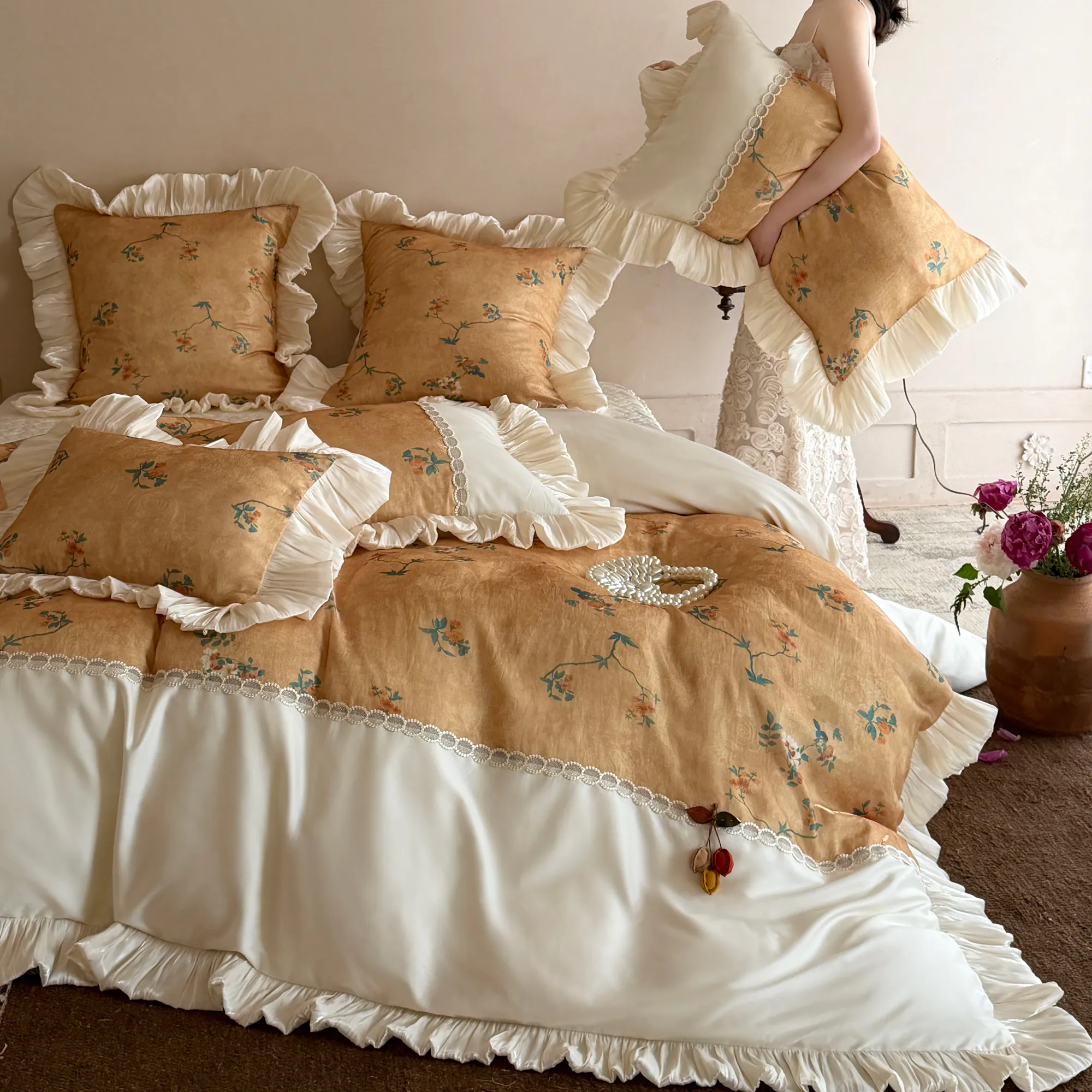 Luxurious Beige Botanical Floral Print 100-Count Pure Cotton Ruffle Bedding Set07