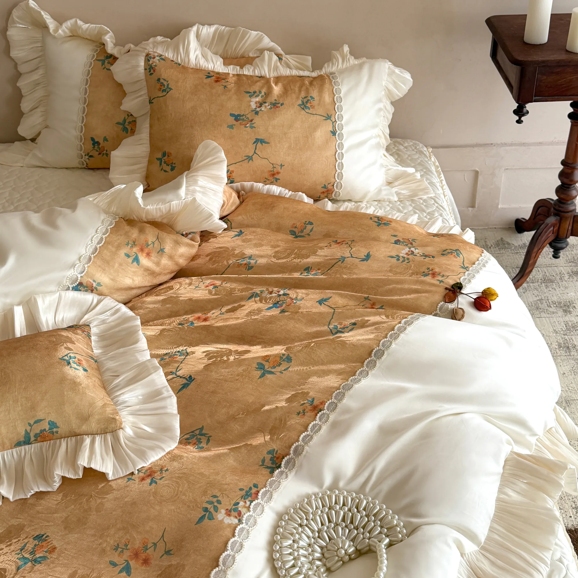 Luxurious Beige Botanical Floral Print 100-Count Pure Cotton Ruffle Bedding Set10