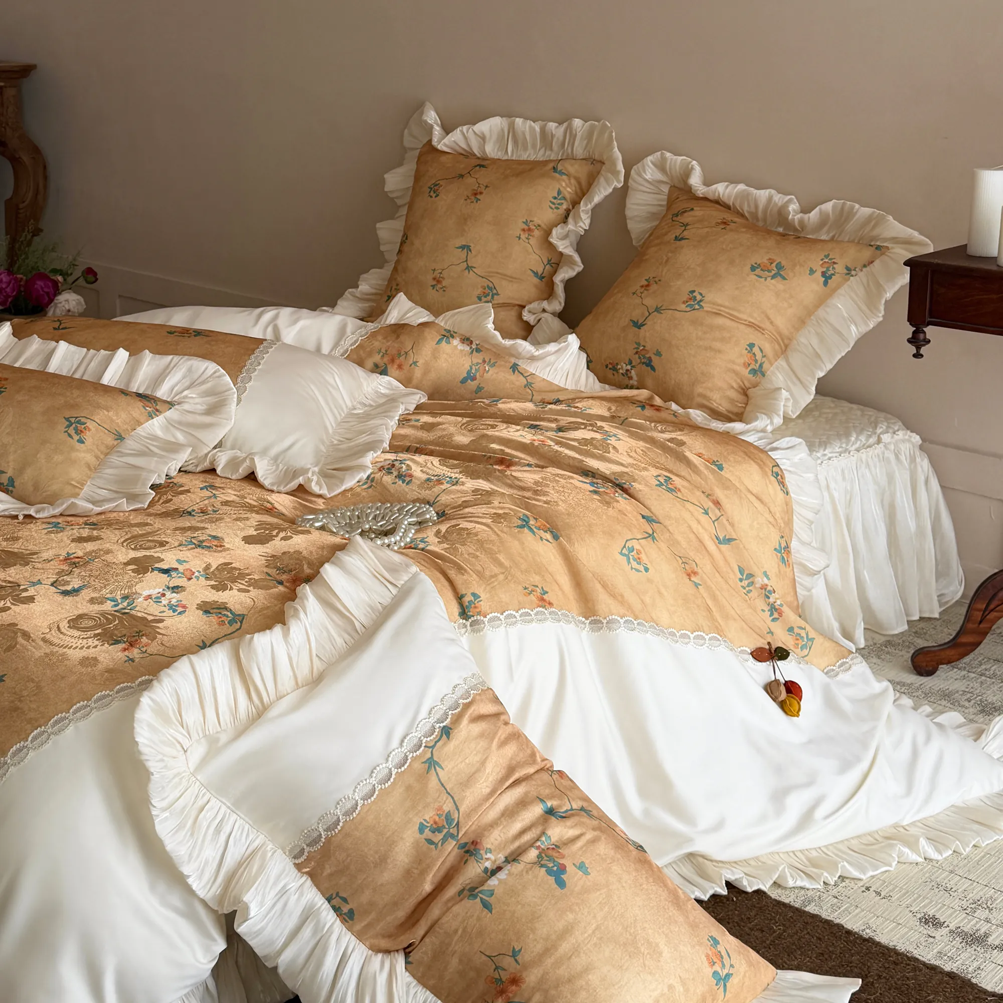Luxurious Beige Botanical Floral Print 100-Count Pure Cotton Ruffle Bedding Set11