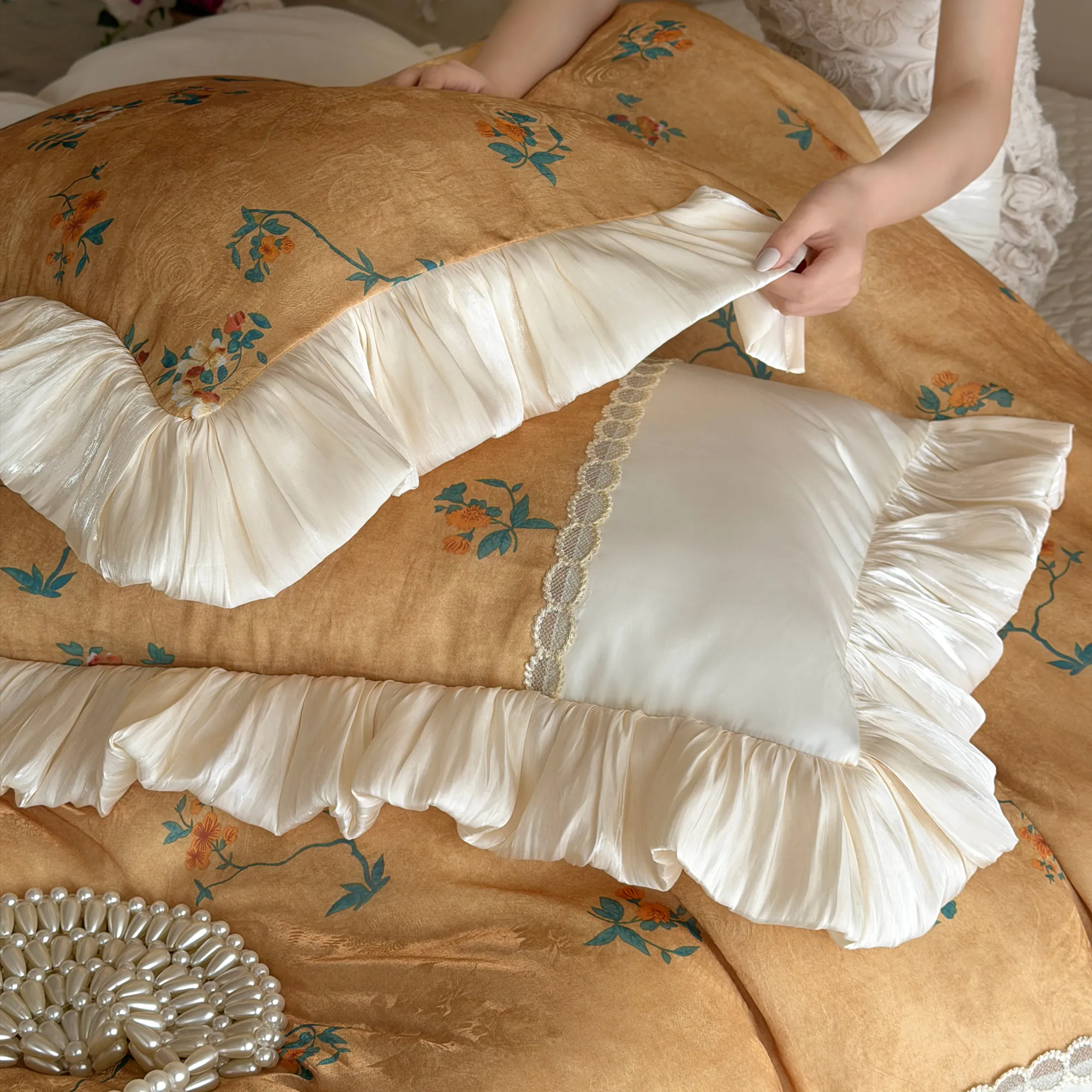 Luxurious Beige Botanical Floral Print 100-Count Pure Cotton Ruffle Bedding Set13