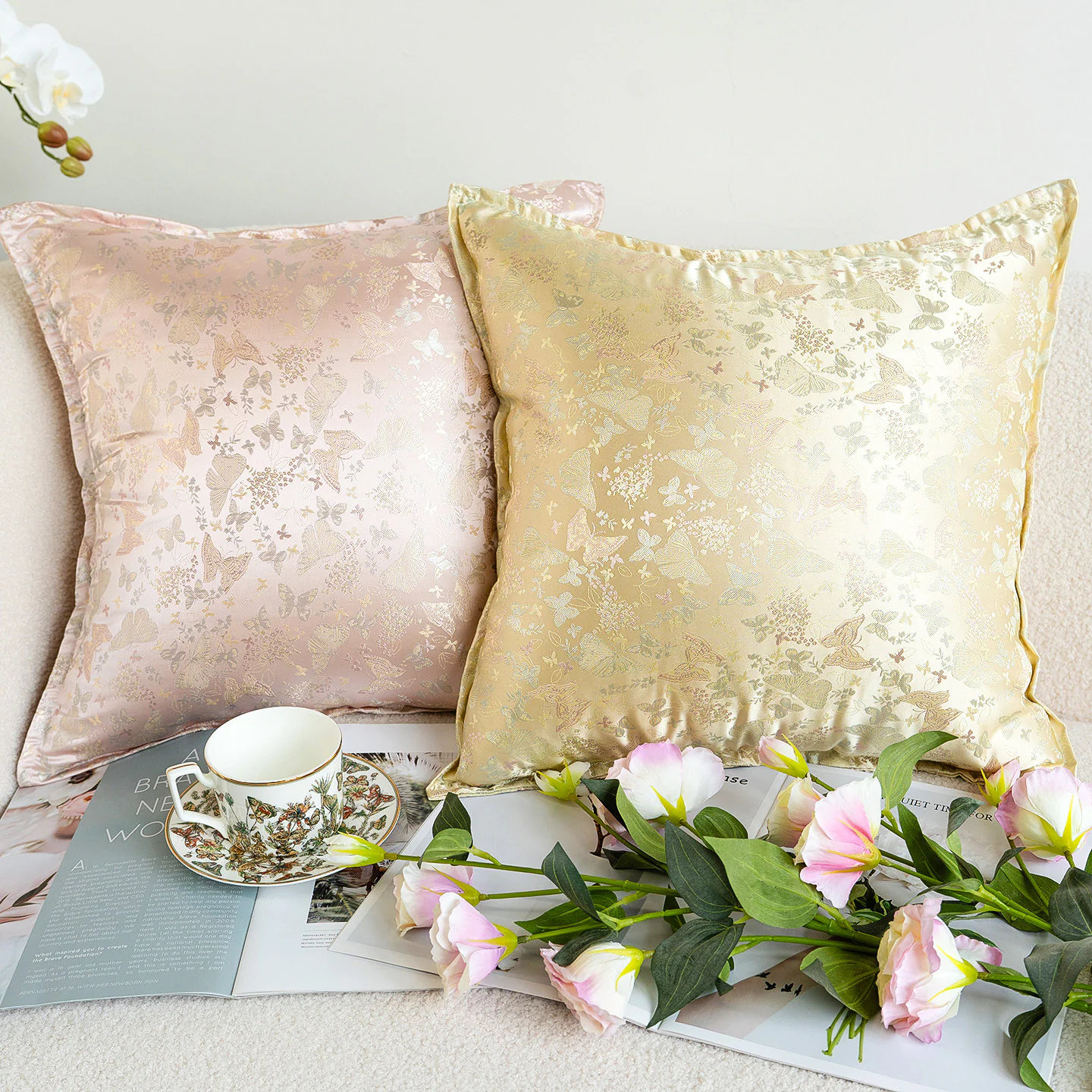 Luxury Silky Jacquard Floral Butterfly Brocade Sofa Throw Pillow Cover04