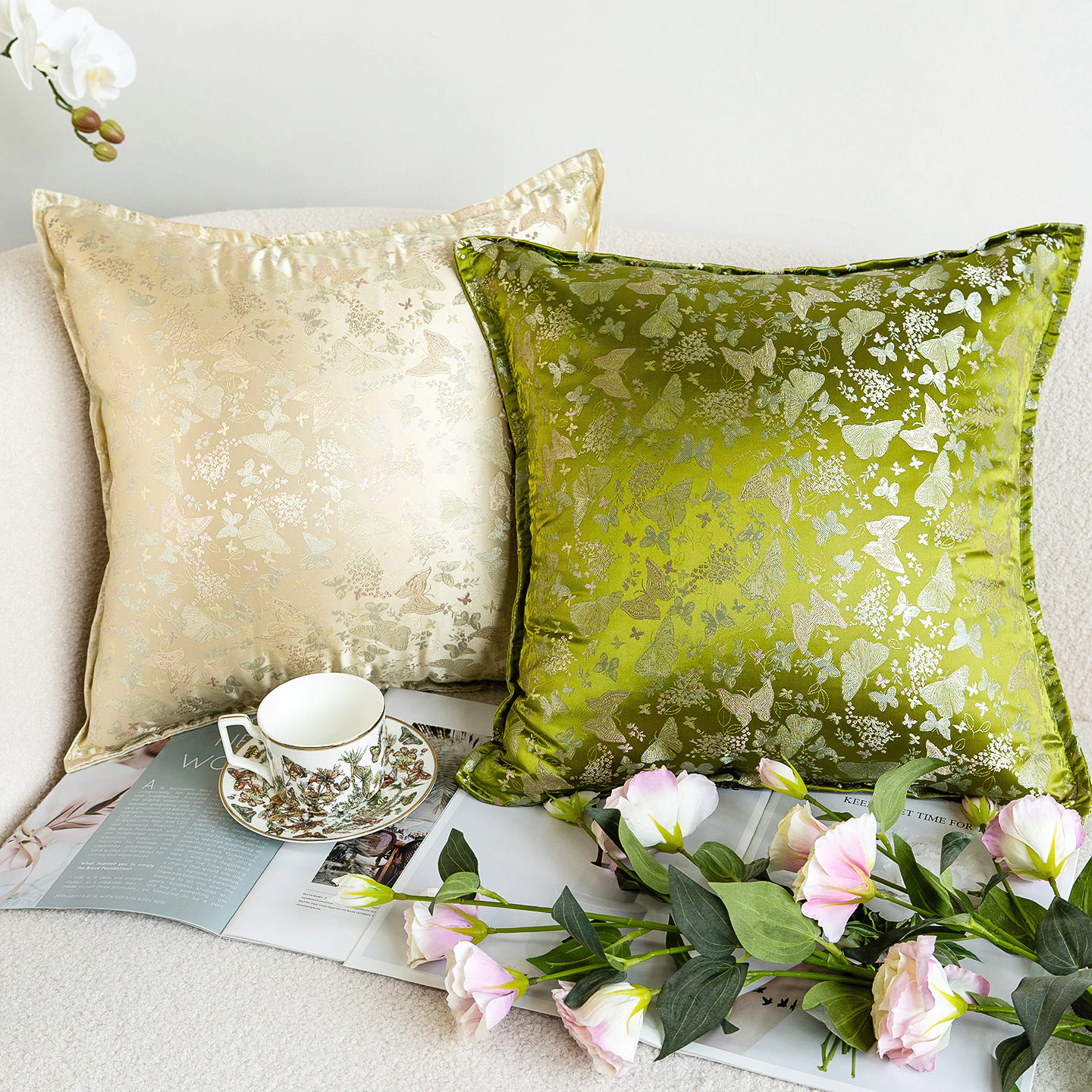 Luxury Silky Jacquard Floral Butterfly Brocade Sofa Throw Pillow Cover05
