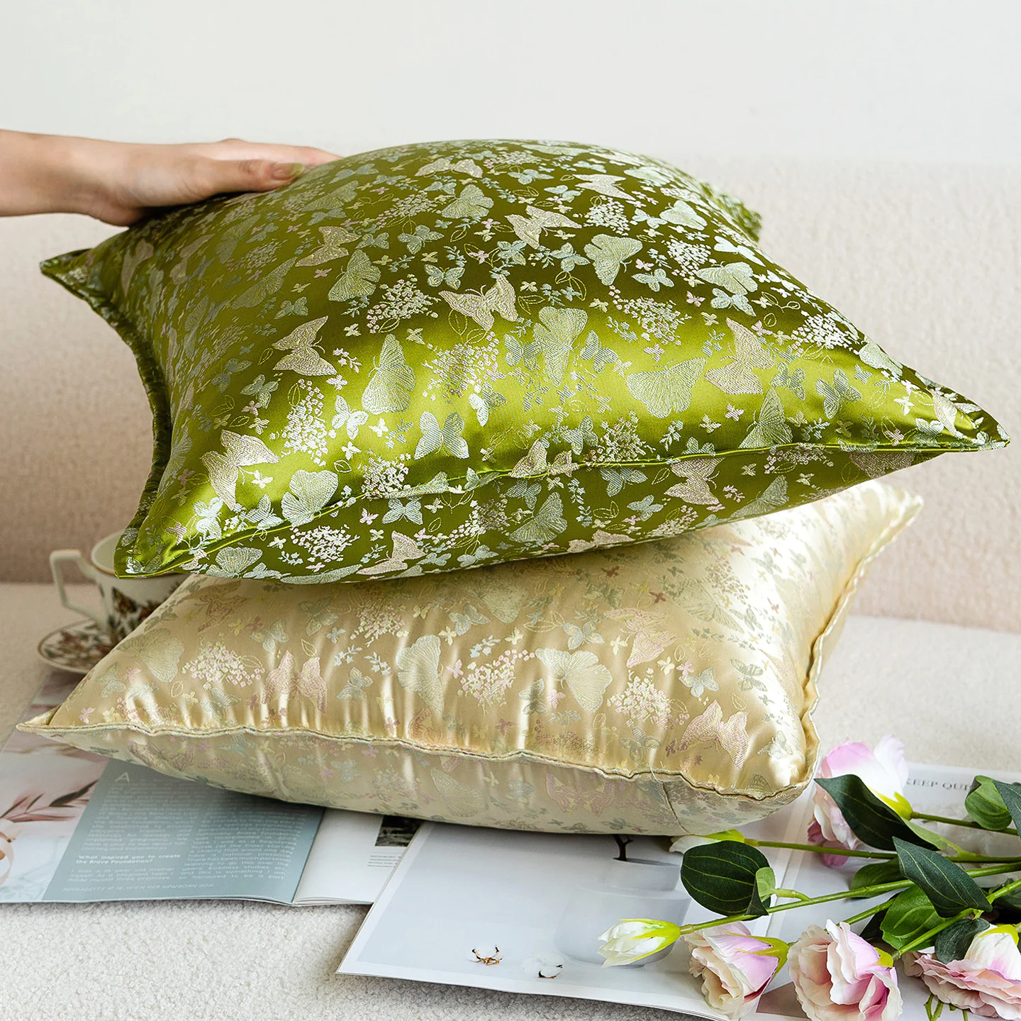 Luxury Silky Jacquard Floral Butterfly Brocade Sofa Throw Pillow Cover06