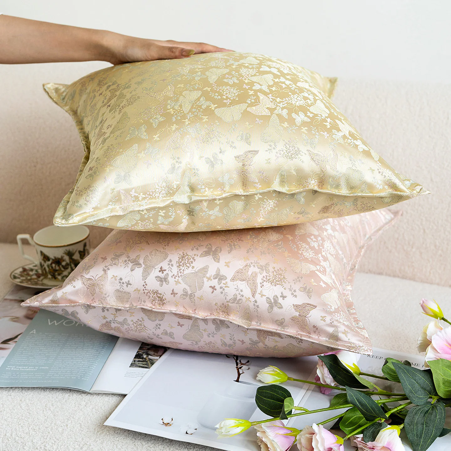 Luxury Silky Jacquard Floral Butterfly Brocade Sofa Throw Pillow Cover07