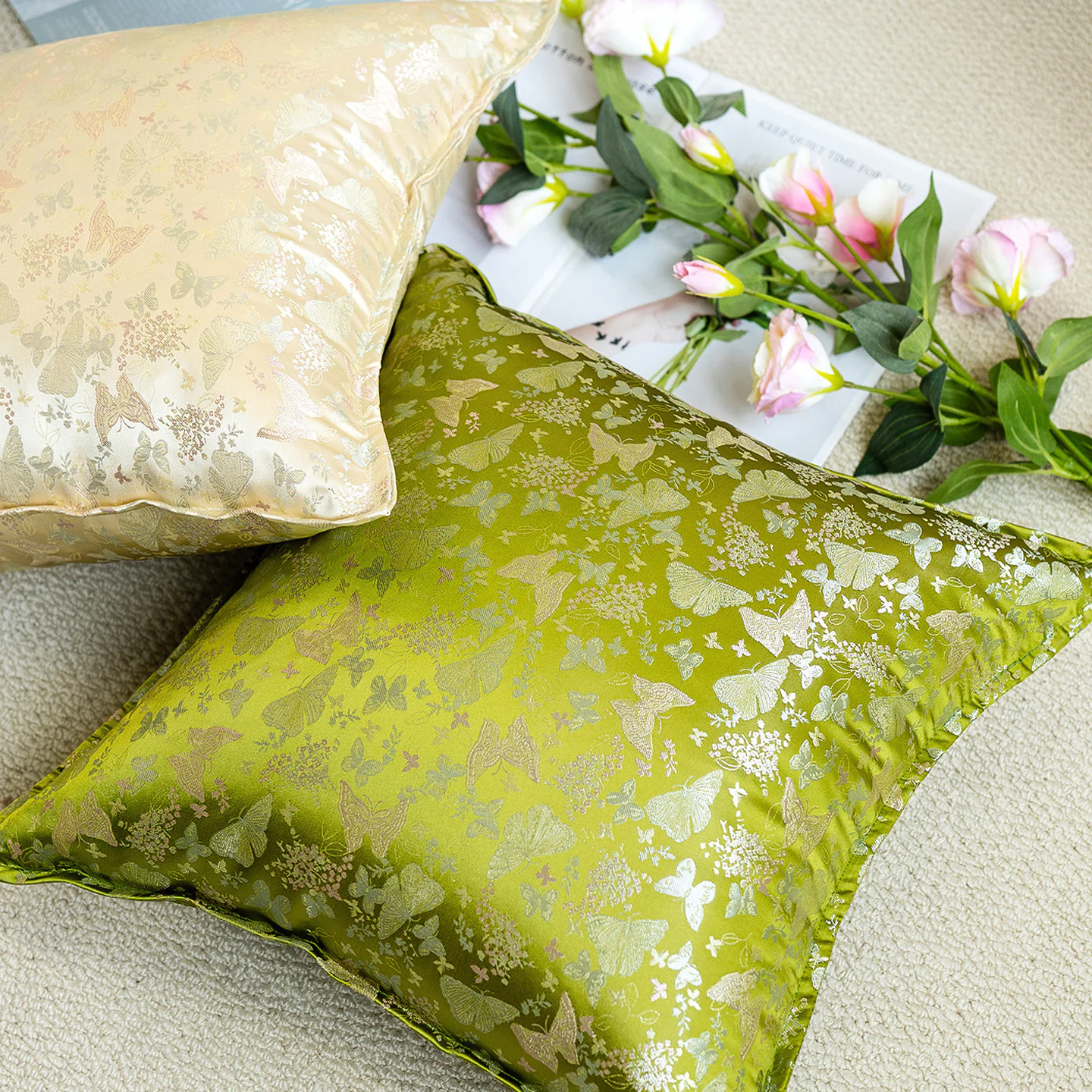 Luxury Silky Jacquard Floral Butterfly Brocade Sofa Throw Pillow Cover08