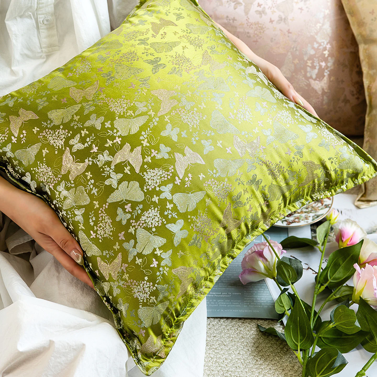 Luxury Silky Jacquard Floral Butterfly Brocade Sofa Throw Pillow Cover09