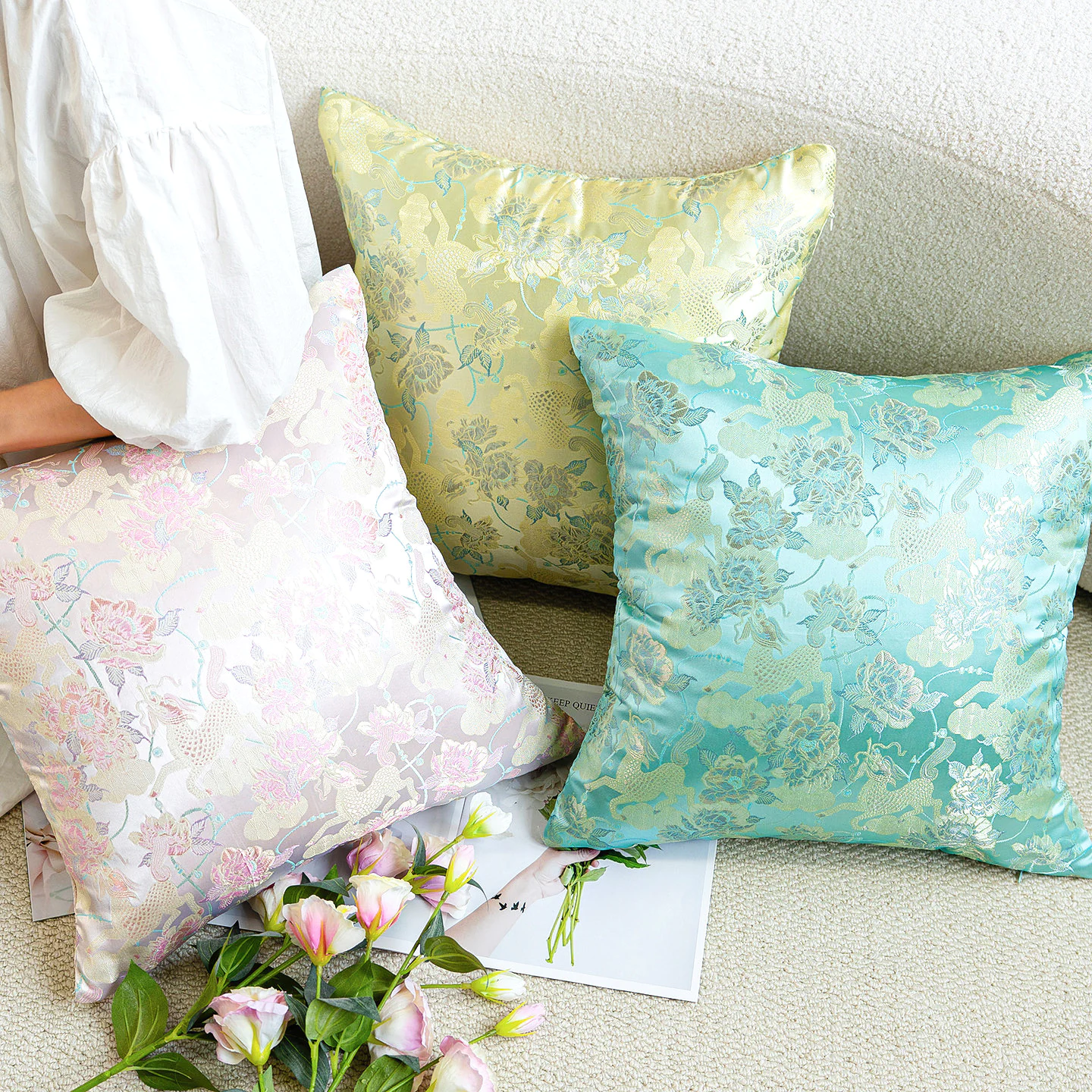 Pastel Floral Damask Jacquard Satin Throw Pillow Cover with Hidden Zipper02