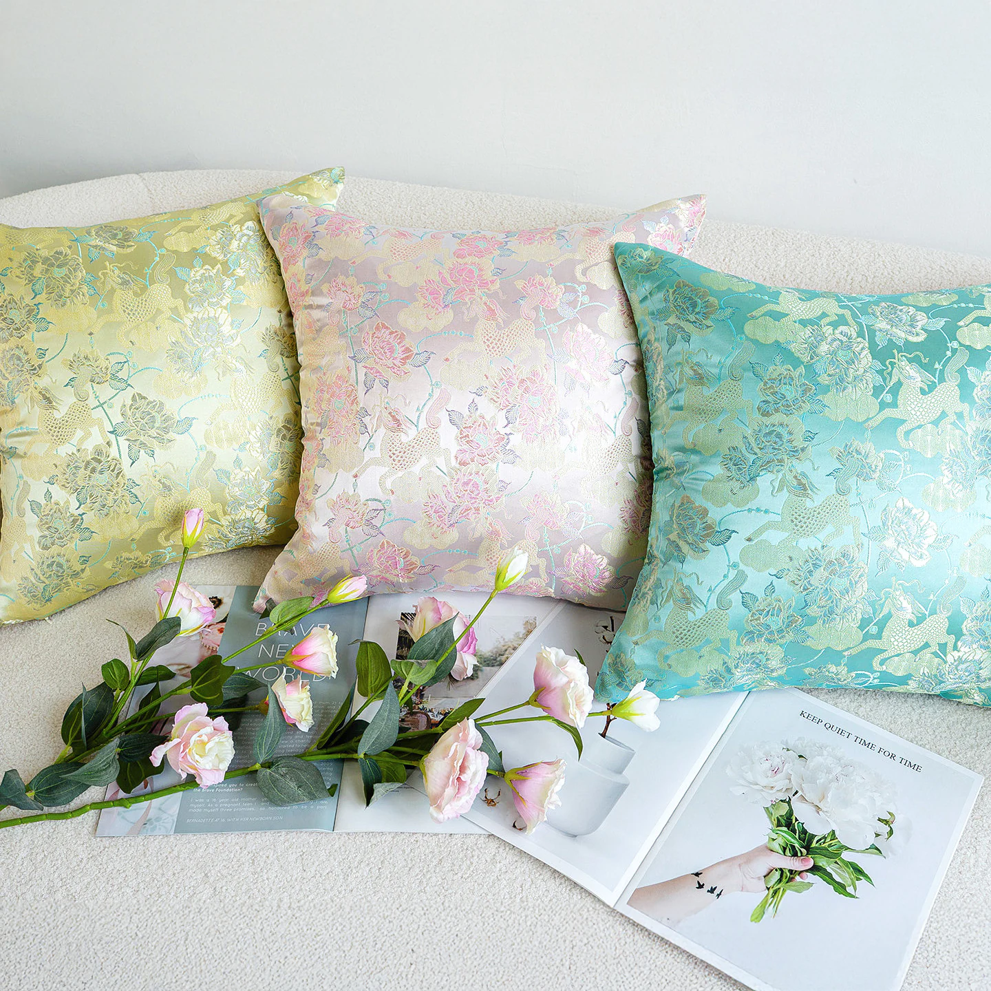 Pastel Floral Damask Jacquard Satin Throw Pillow Cover with Hidden Zipper03 Pastel Floral Damask Jacquard Satin Throw Pillow Cover with Hidden Zipper03