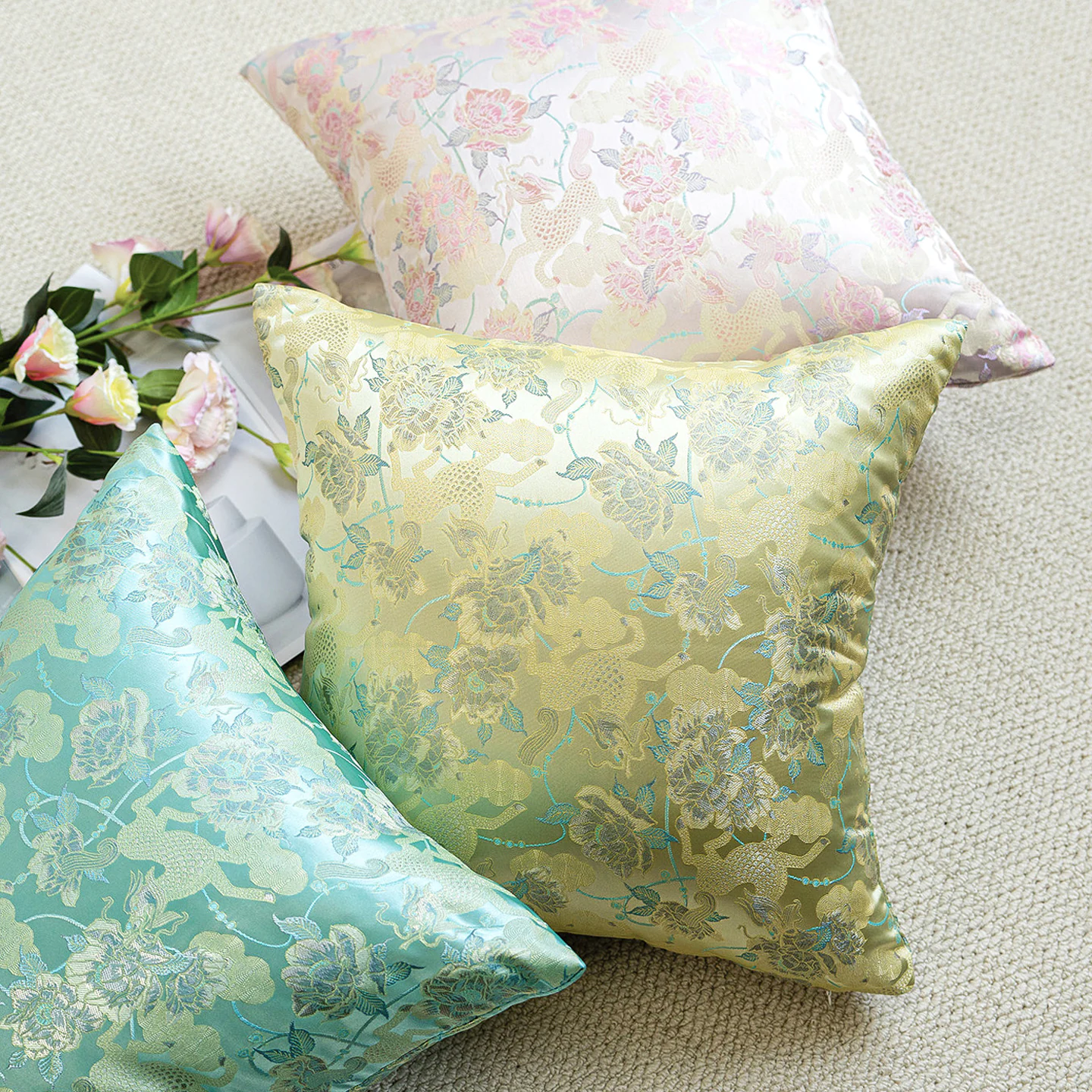 Pastel Floral Damask Jacquard Satin Throw Pillow Cover with Hidden Zipper05 Pastel Floral Damask Jacquard Satin Throw Pillow Cover with Hidden Zipper05
