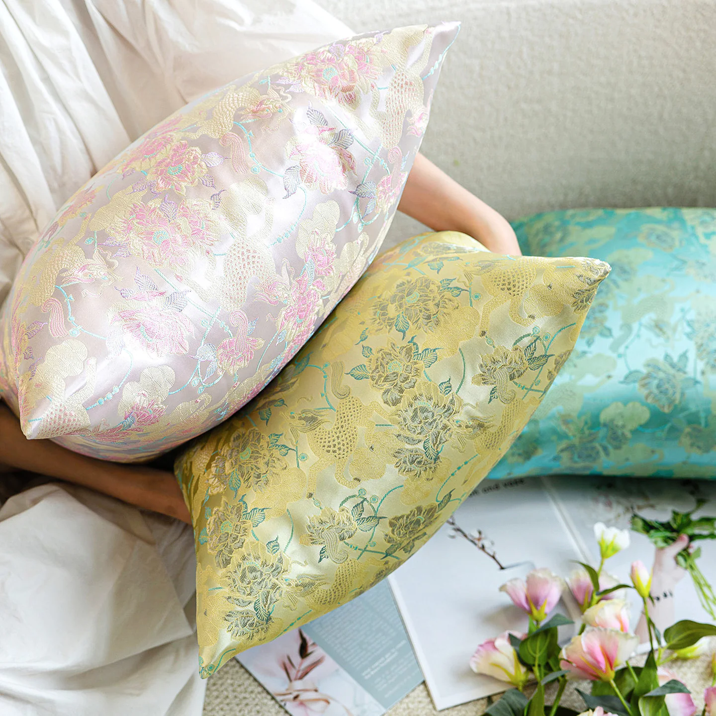 Pastel Floral Damask Jacquard Satin Throw Pillow Cover with Hidden Zipper06 Pastel Floral Damask Jacquard Satin Throw Pillow Cover with Hidden Zipper06