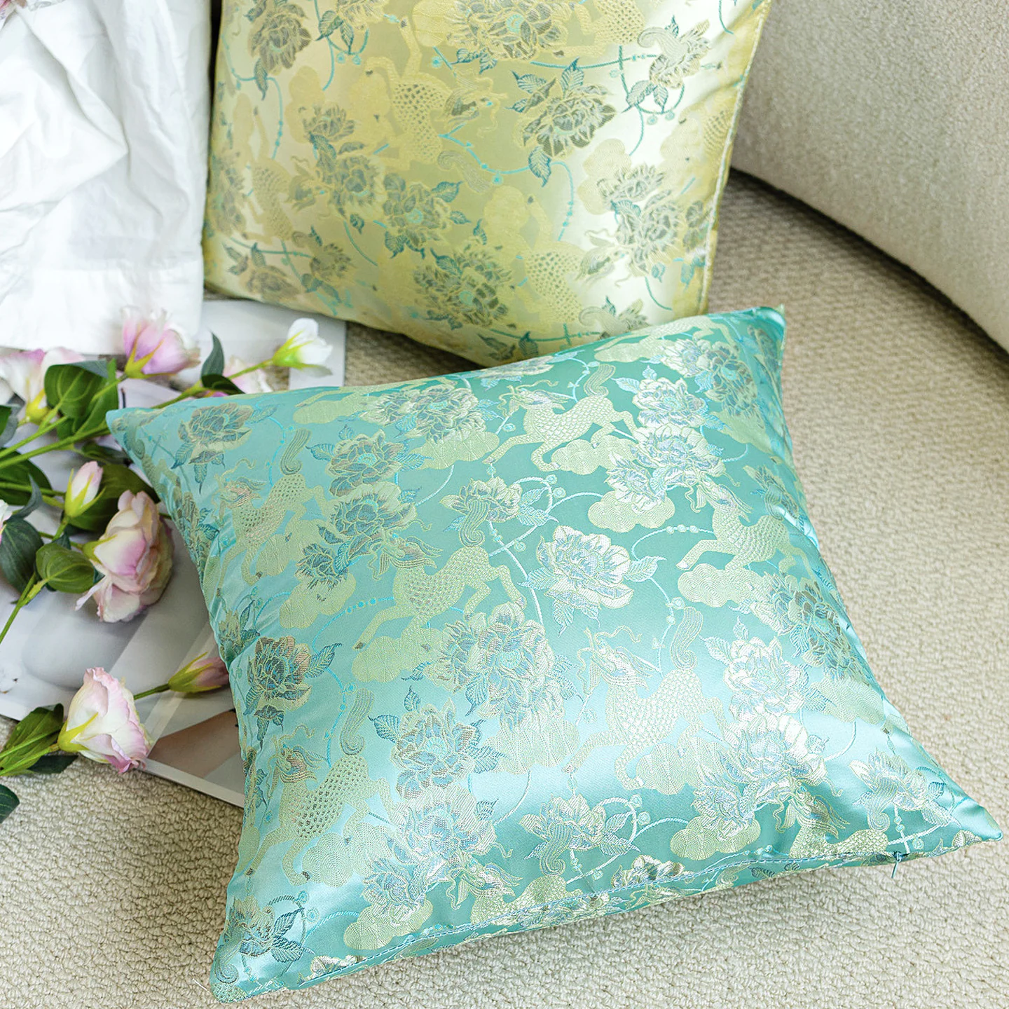 Pastel Floral Damask Jacquard Satin Throw Pillow Cover with Hidden Zipper07 Pastel Floral Damask Jacquard Satin Throw Pillow Cover with Hidden Zipper07