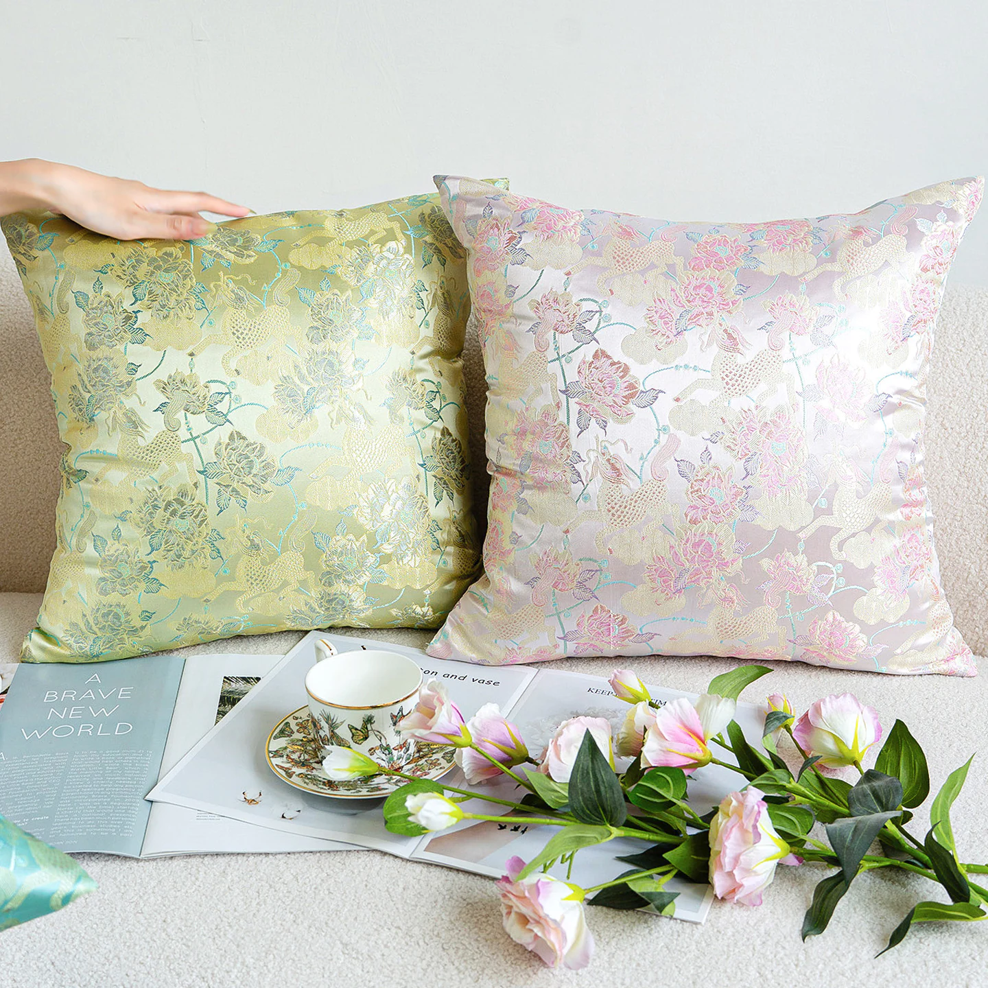 Pastel Floral Damask Jacquard Satin Throw Pillow Cover with Hidden Zipper08 Pastel Floral Damask Jacquard Satin Throw Pillow Cover with Hidden Zipper08