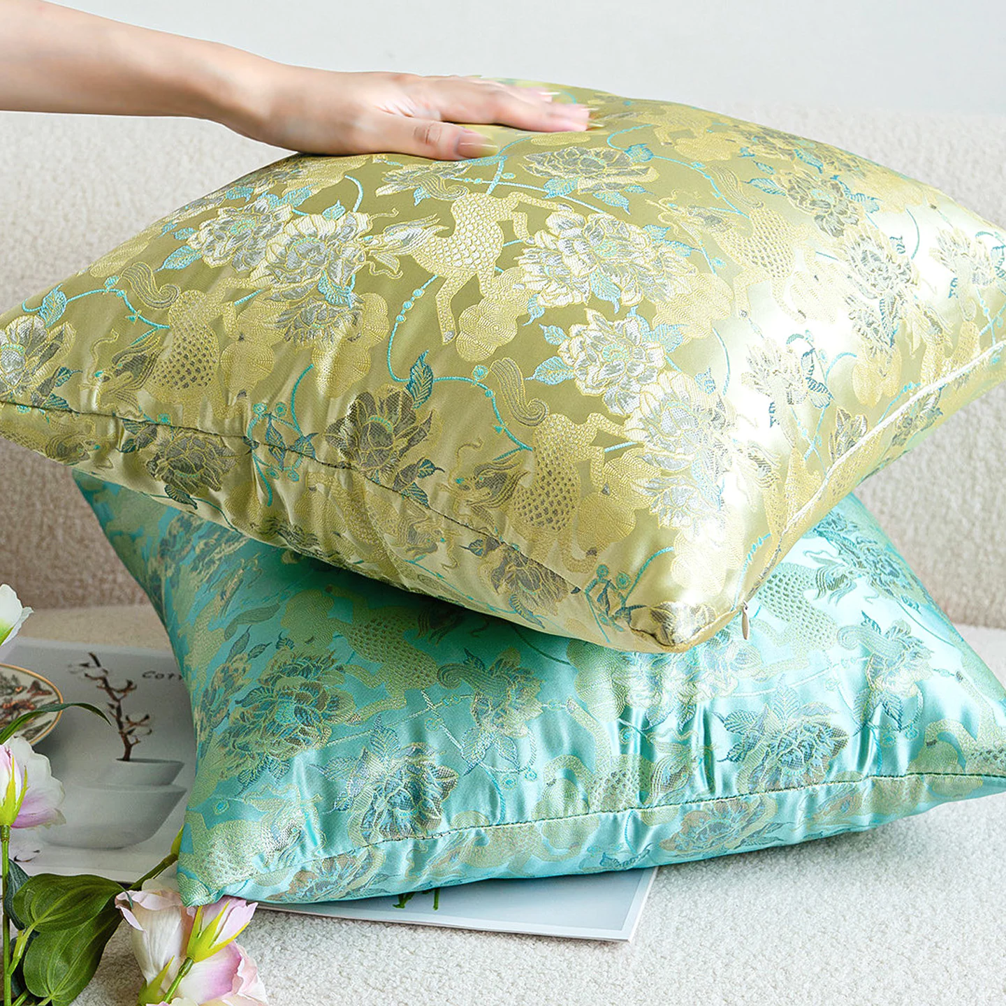 Pastel Floral Damask Jacquard Satin Throw Pillow Cover with Hidden Zipper09 Pastel Floral Damask Jacquard Satin Throw Pillow Cover with Hidden Zipper09
