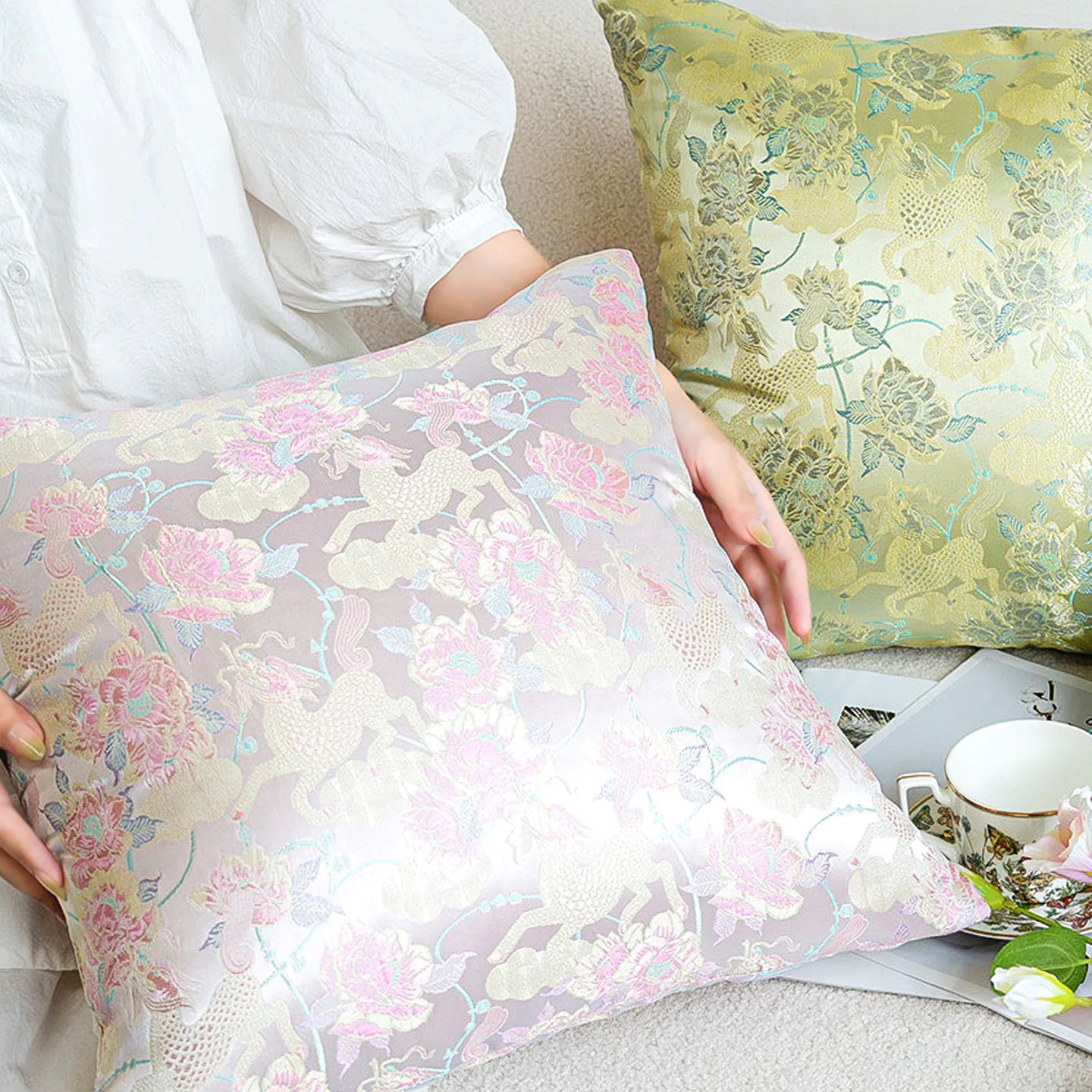 Pastel Floral Damask Jacquard Satin Throw Pillow Cover with Hidden Zipper10 Pastel Floral Damask Jacquard Satin Throw Pillow Cover with Hidden Zipper10