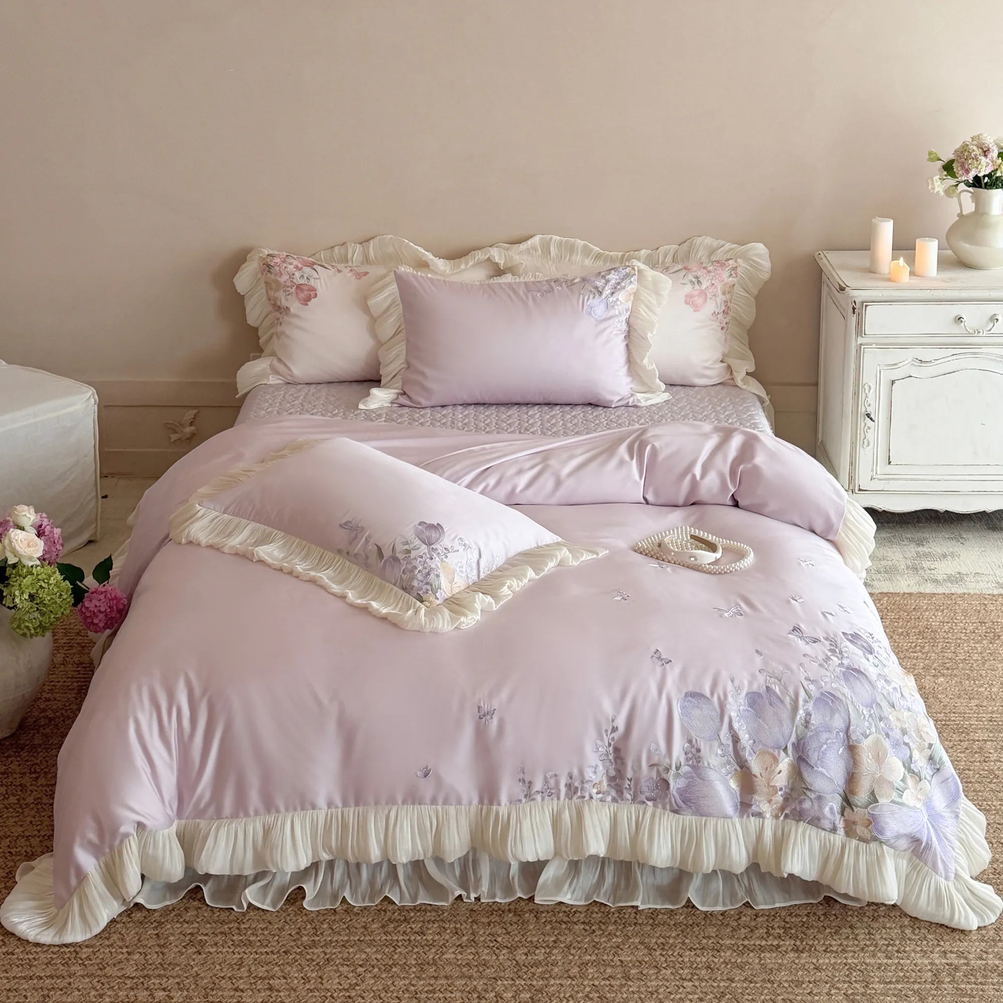 Princess Style Tulip Butterfly Embroidered 100s Pure Cotton Bedding 4 Pcs Set
