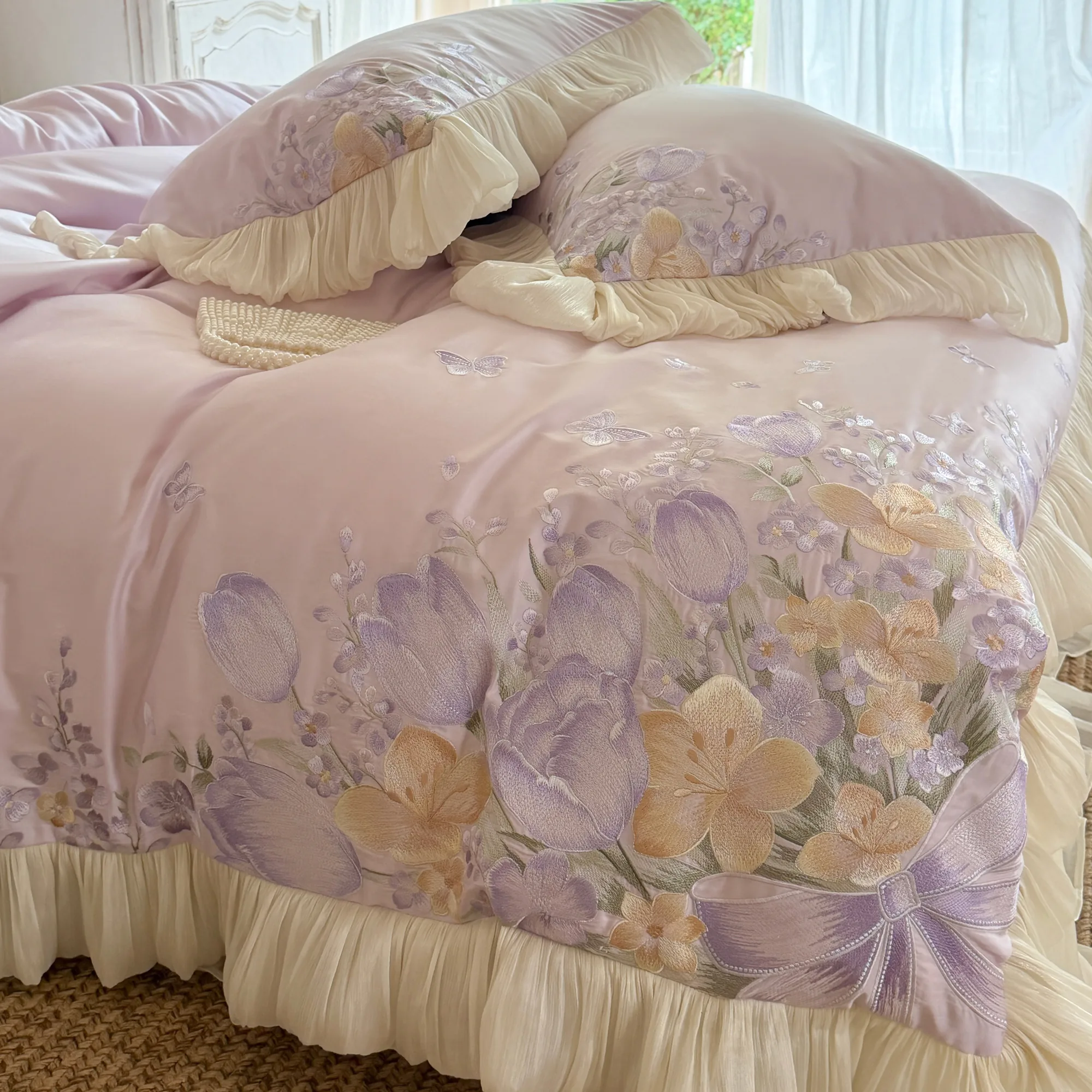 Princess Style Tulip Butterfly Embroidered 100s Pure Cotton Bedding 4 Pcs Set03