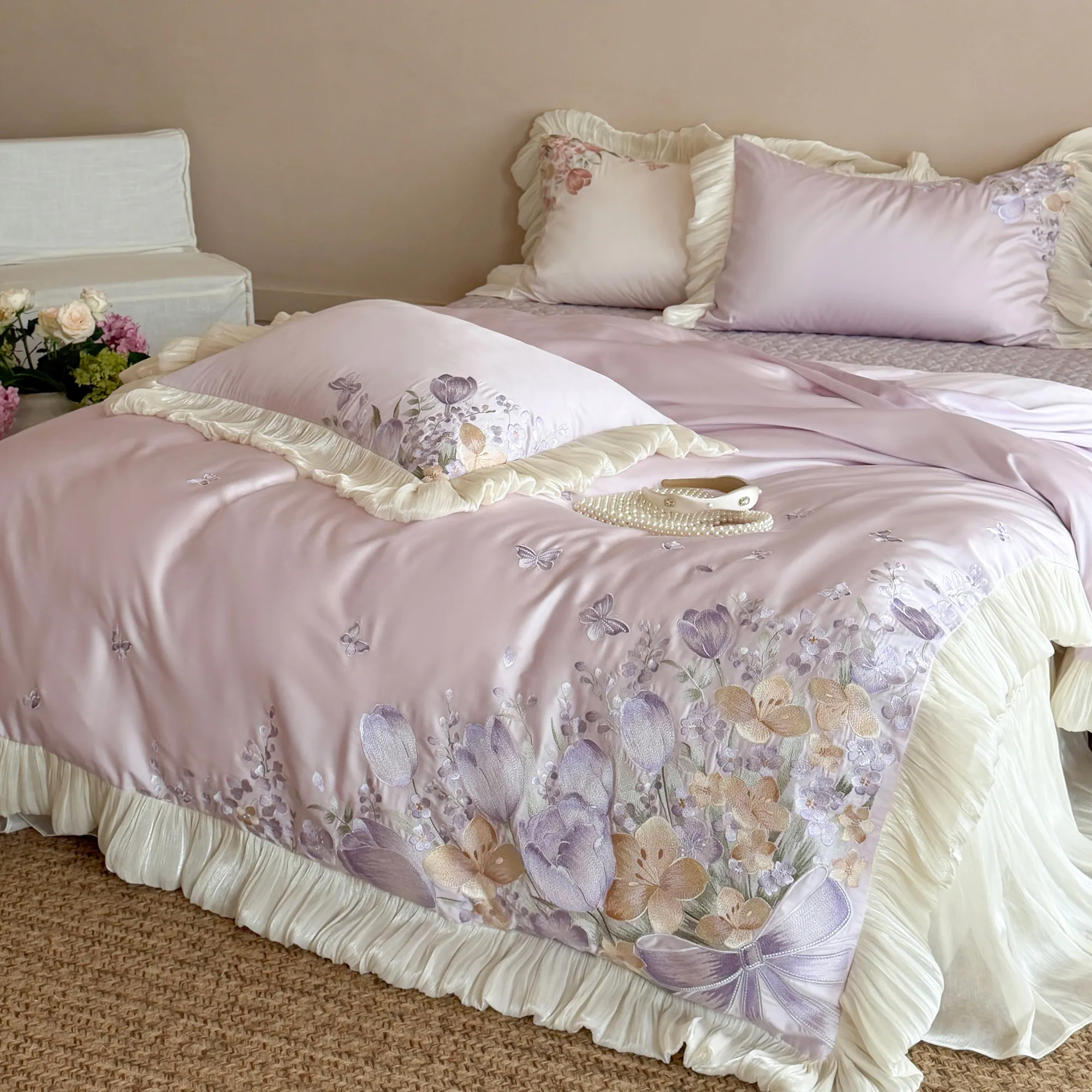 Princess Style Tulip Butterfly Embroidered 100s Pure Cotton Bedding 4 Pcs Set04