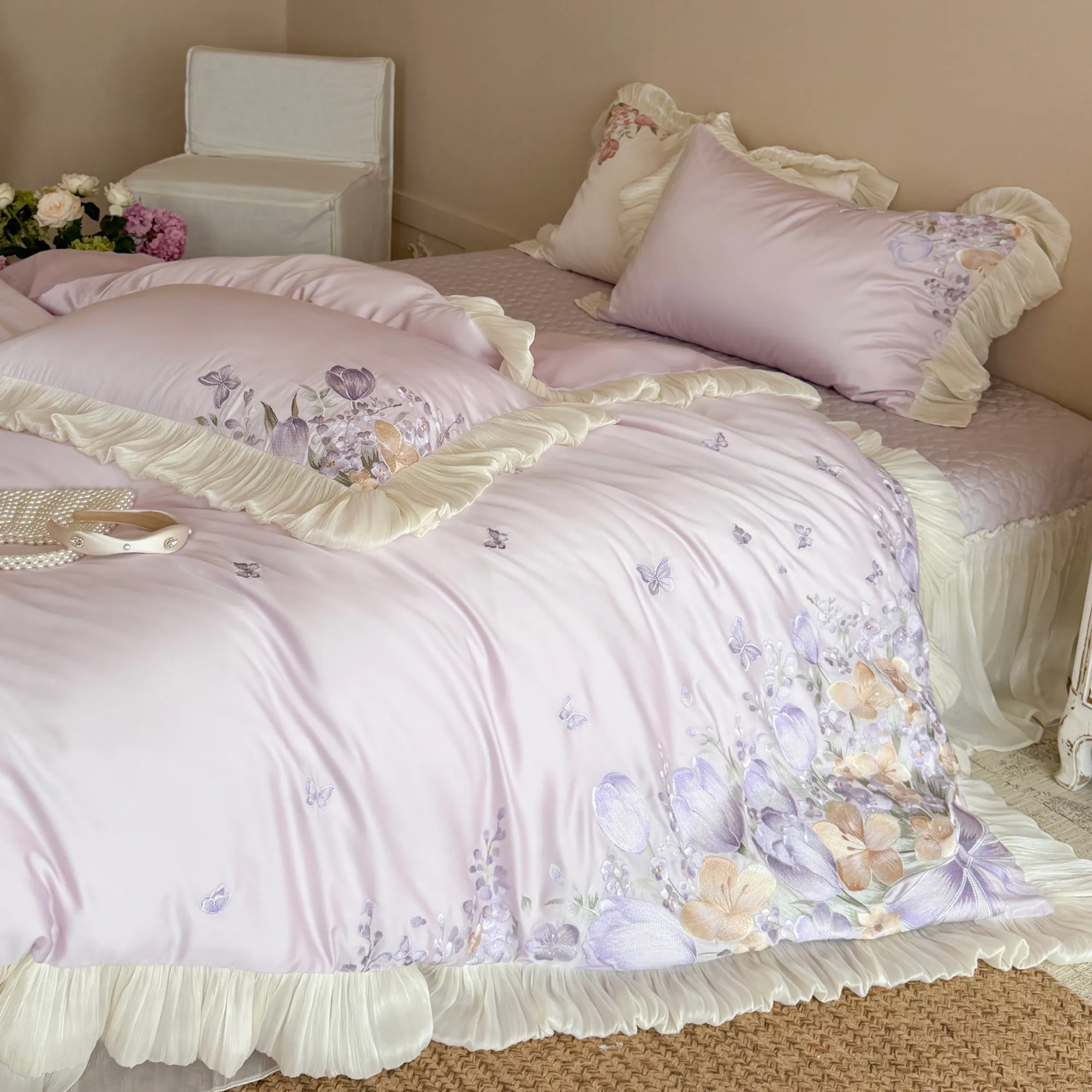 Princess Style Tulip Butterfly Embroidered 100s Pure Cotton Bedding 4 Pcs Set07