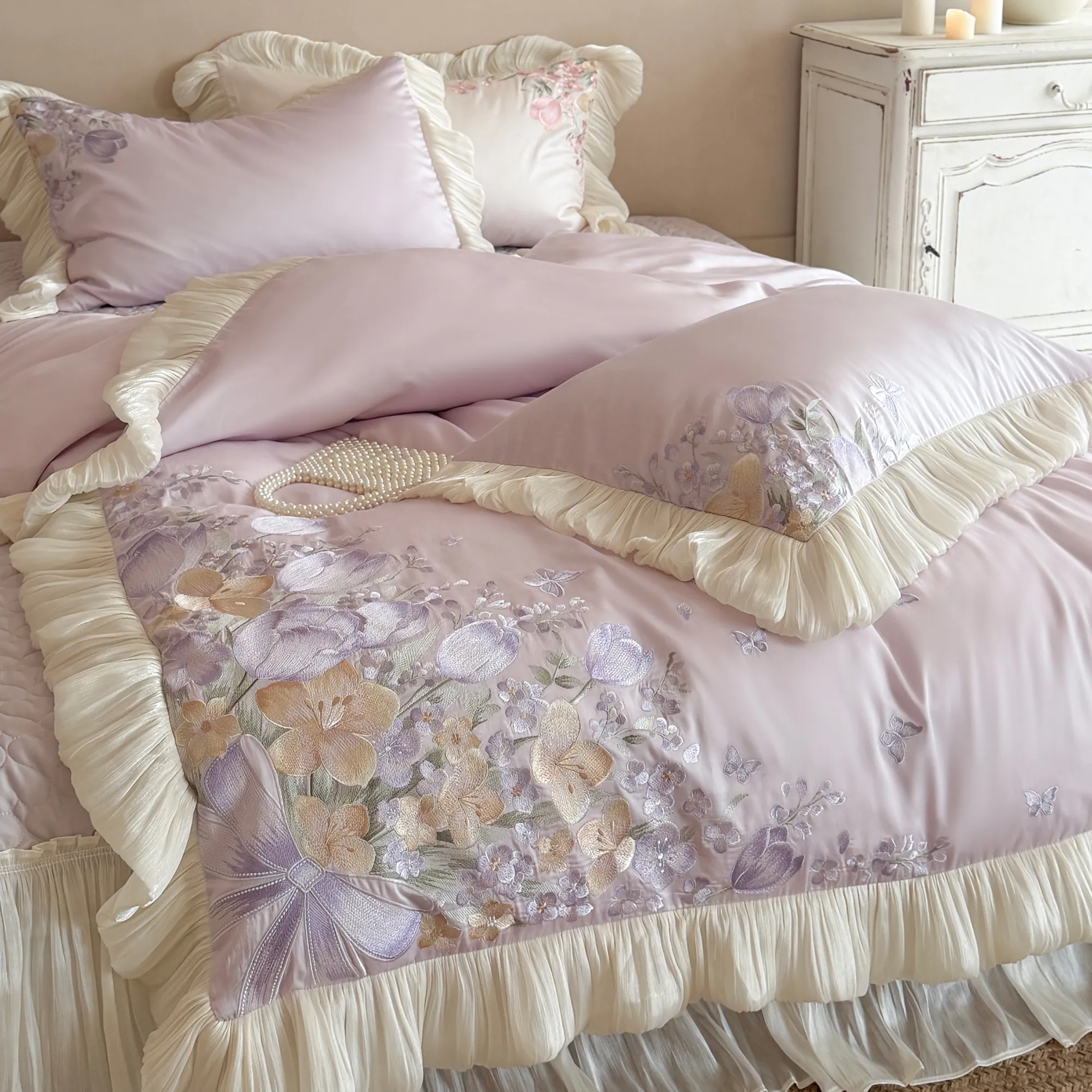 Princess Style Tulip Butterfly Embroidered 100s Pure Cotton Bedding 4 Pcs Set08
