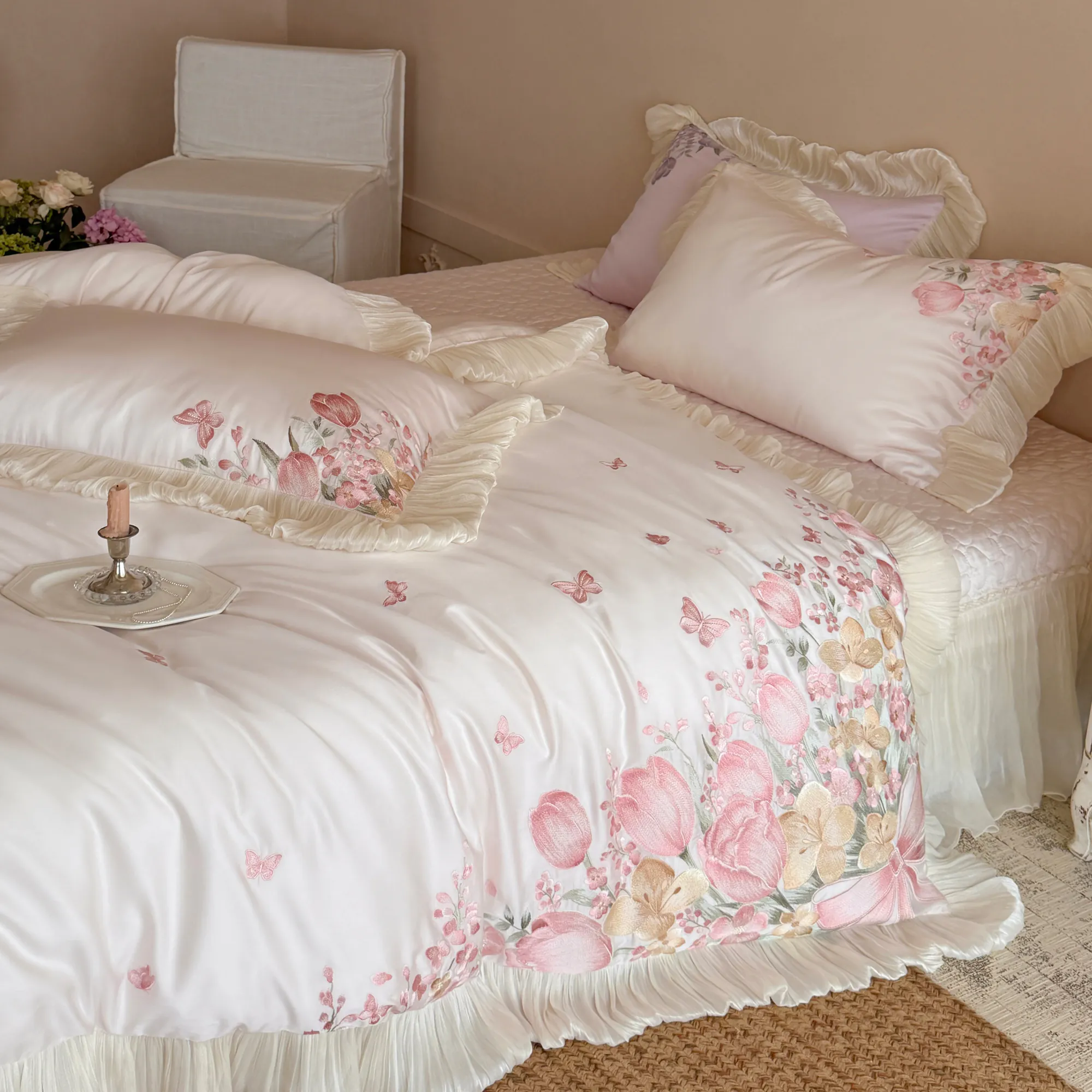 Princess Style Tulip Butterfly Embroidered 100s Pure Cotton Bedding 4 Pcs Set13