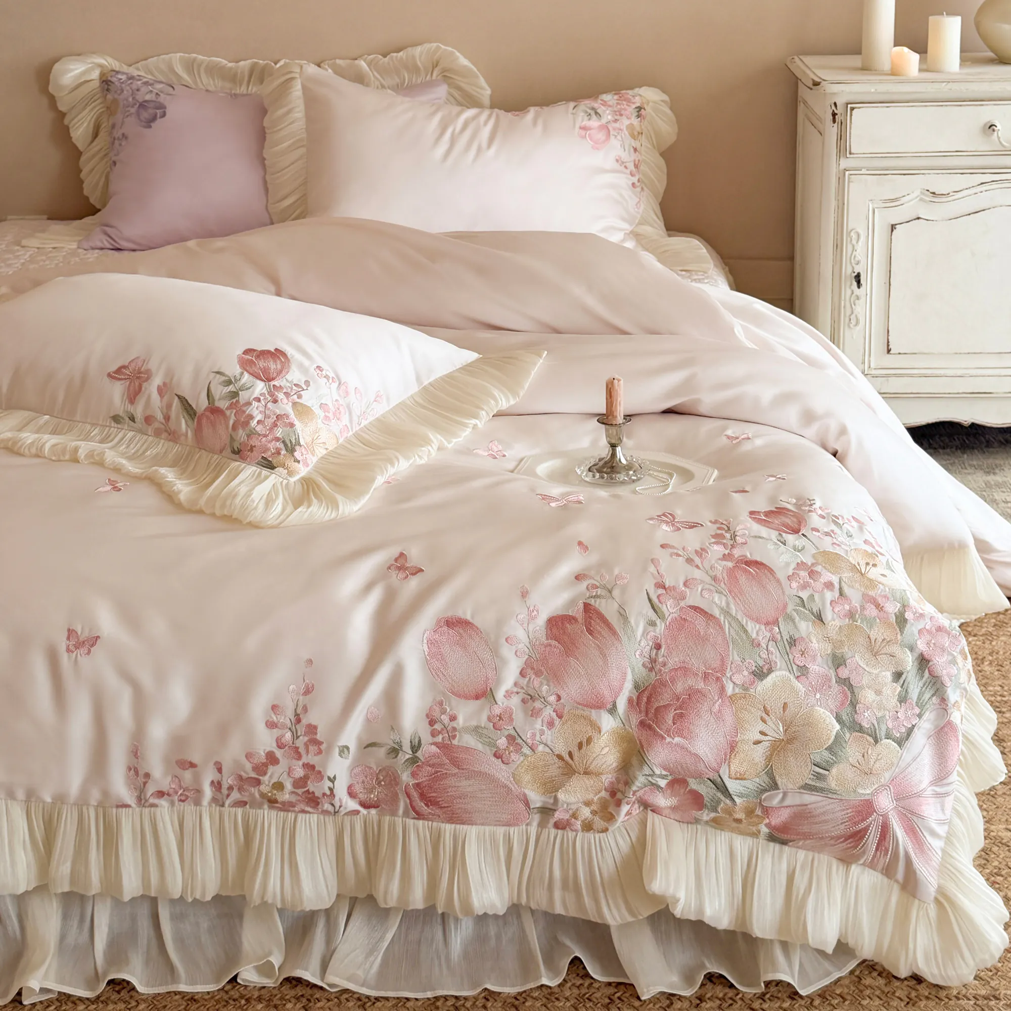 Princess Style Tulip Butterfly Embroidered 100s Pure Cotton Bedding 4 Pcs Set14