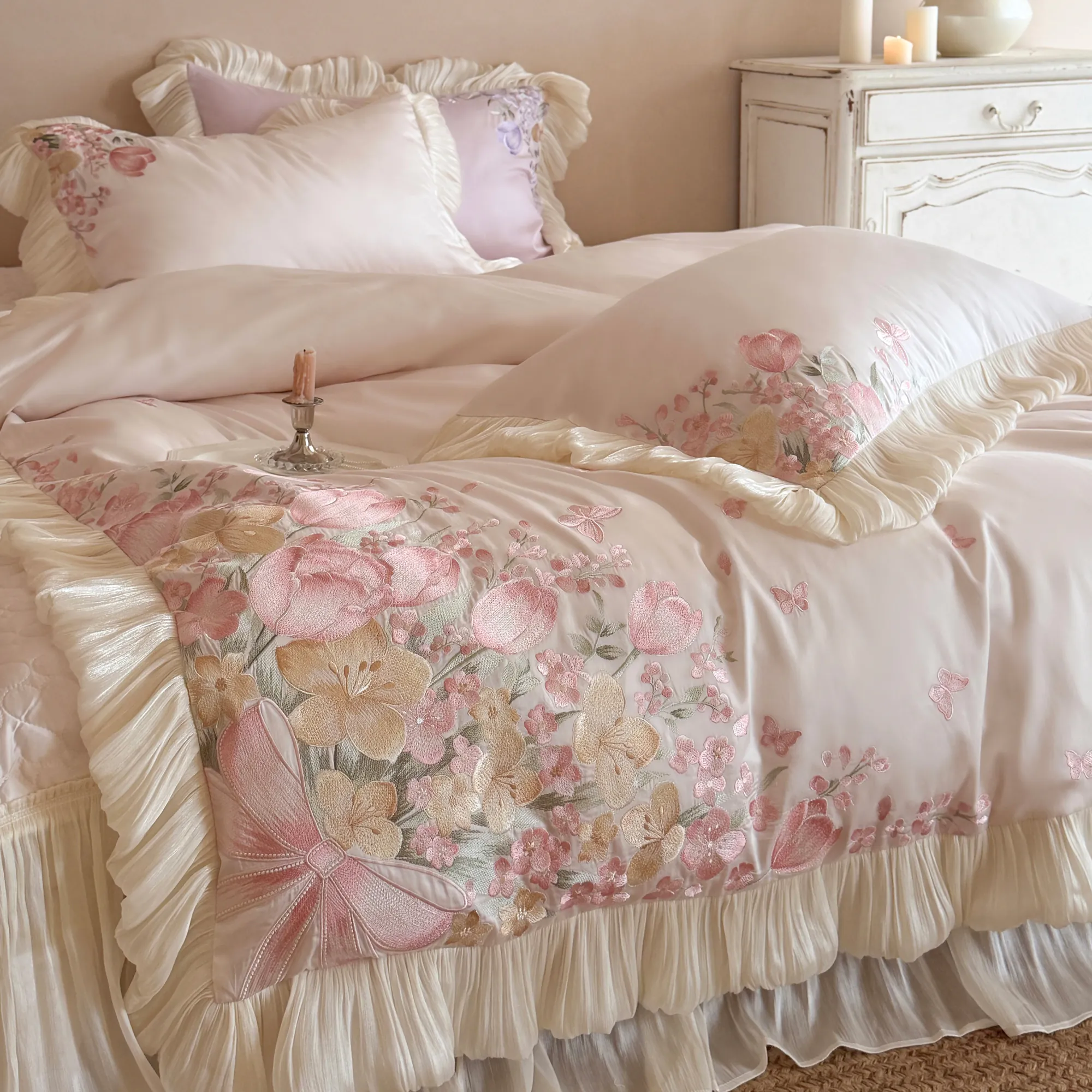Princess Style Tulip Butterfly Embroidered 100s Pure Cotton Bedding 4 Pcs Set17