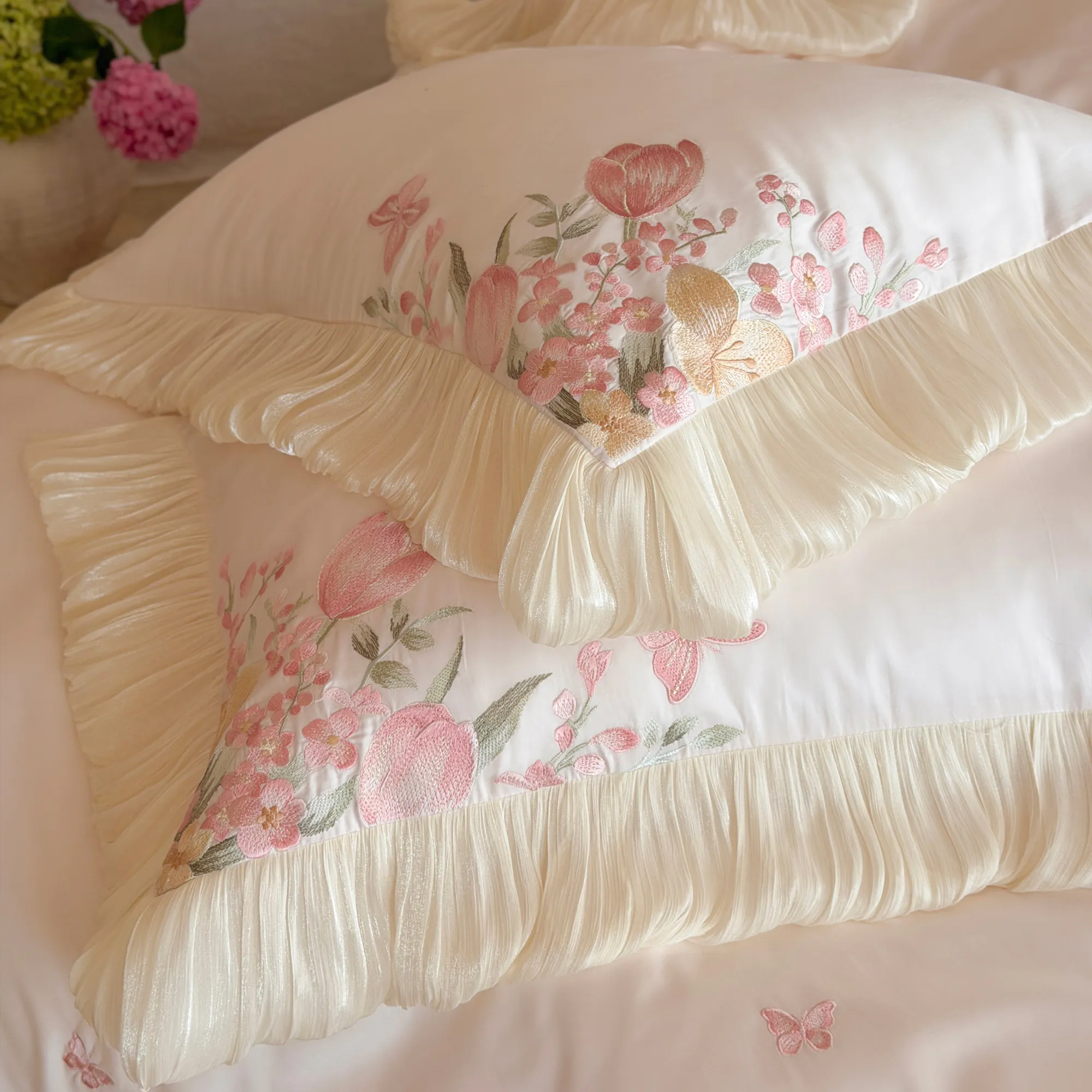 Princess Style Tulip Butterfly Embroidered 100s Pure Cotton Bedding 4 Pcs Set19