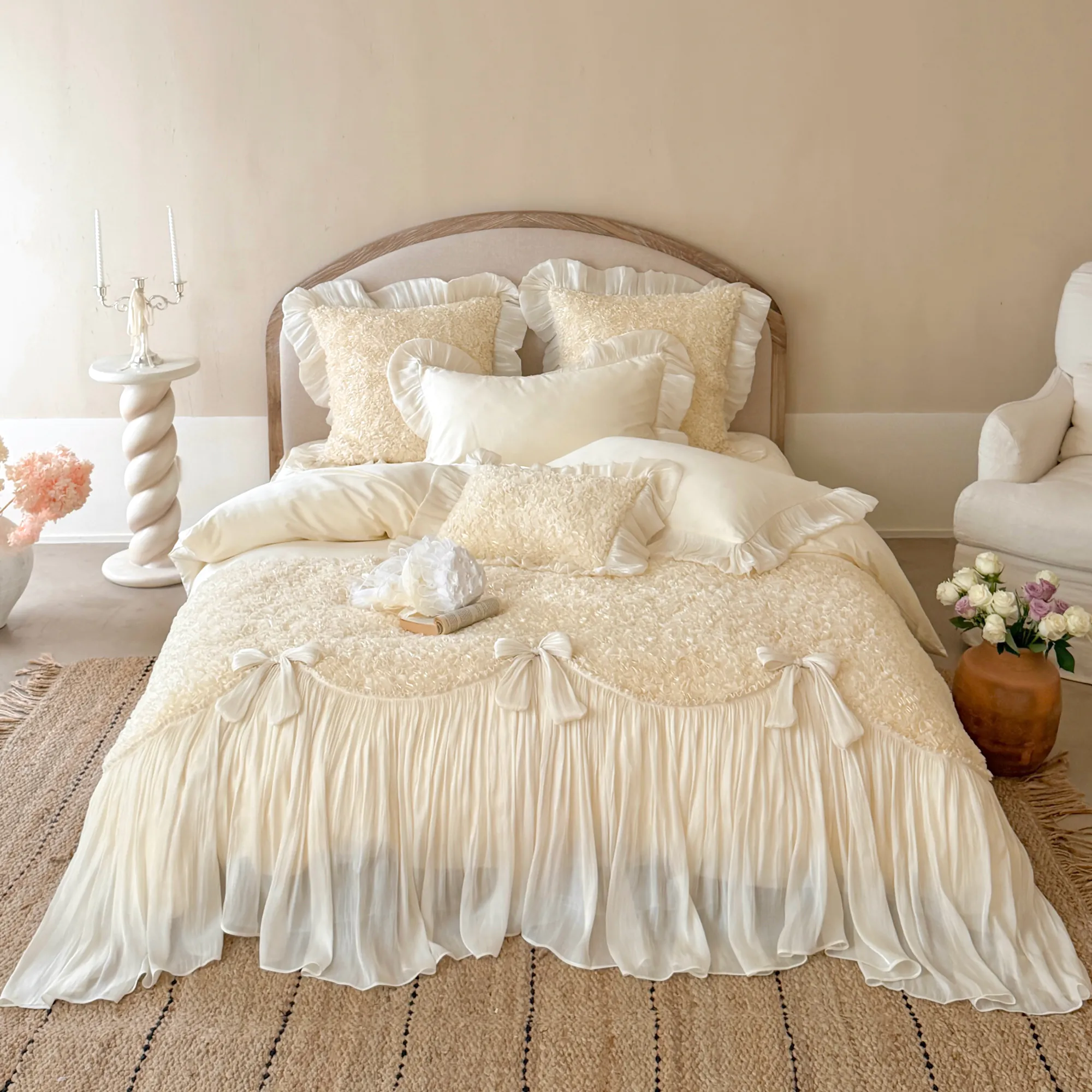 Romantic 100s Long-Staple Cotton Ruffle Bow Scalloped Duvet Cover 4 Pcs Set