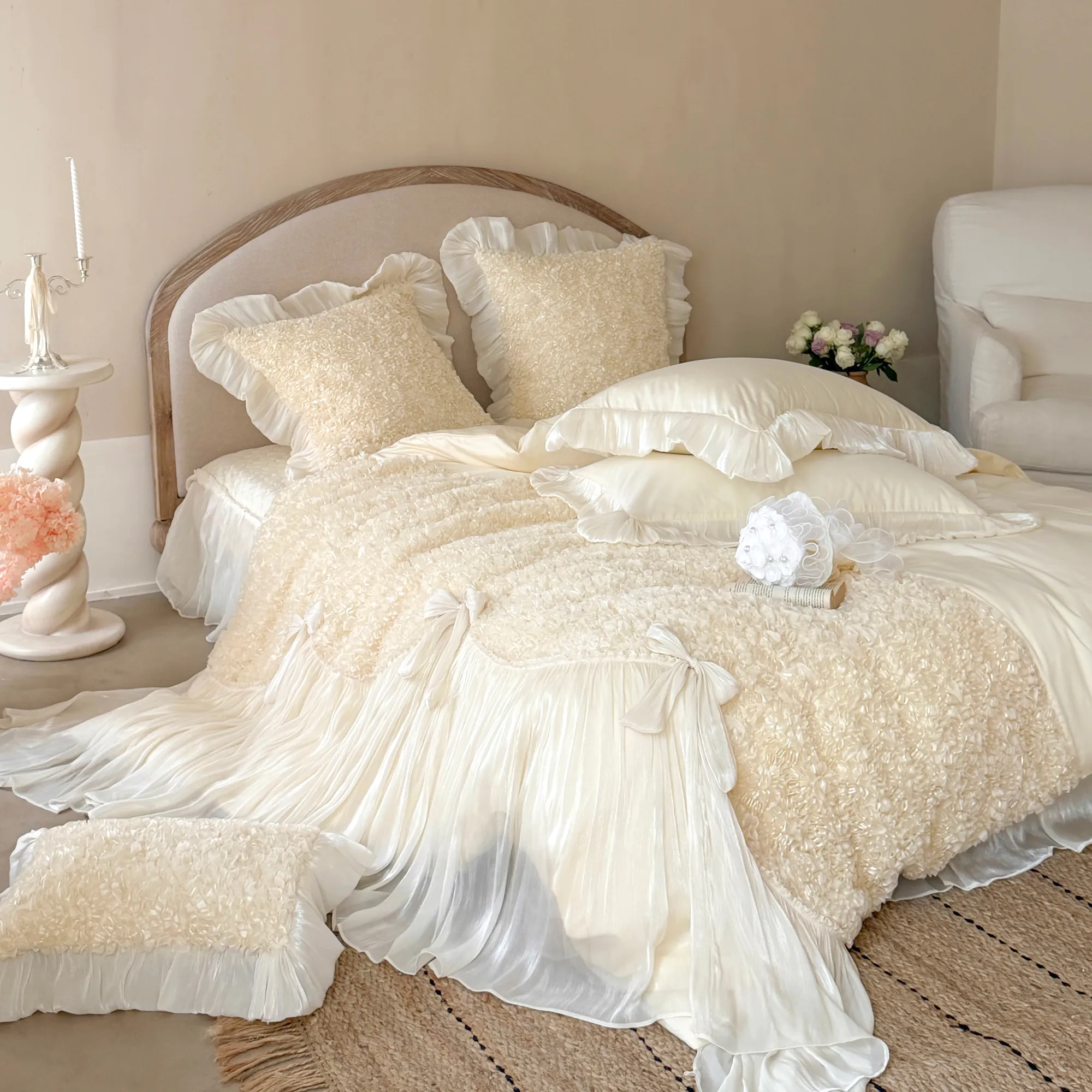 Romantic 100s Long-Staple Cotton Ruffle Bow Scalloped Duvet Cover 4 Pcs Set03